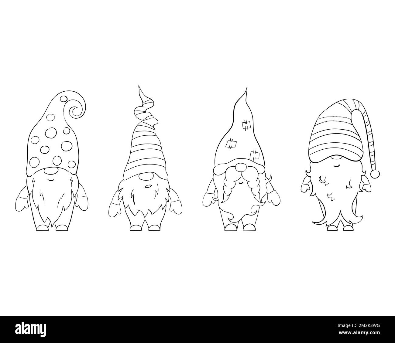 A set of cartoon Christmas gnomes for a coloring book. Linear design for children's coloring pages. Stock Vektor