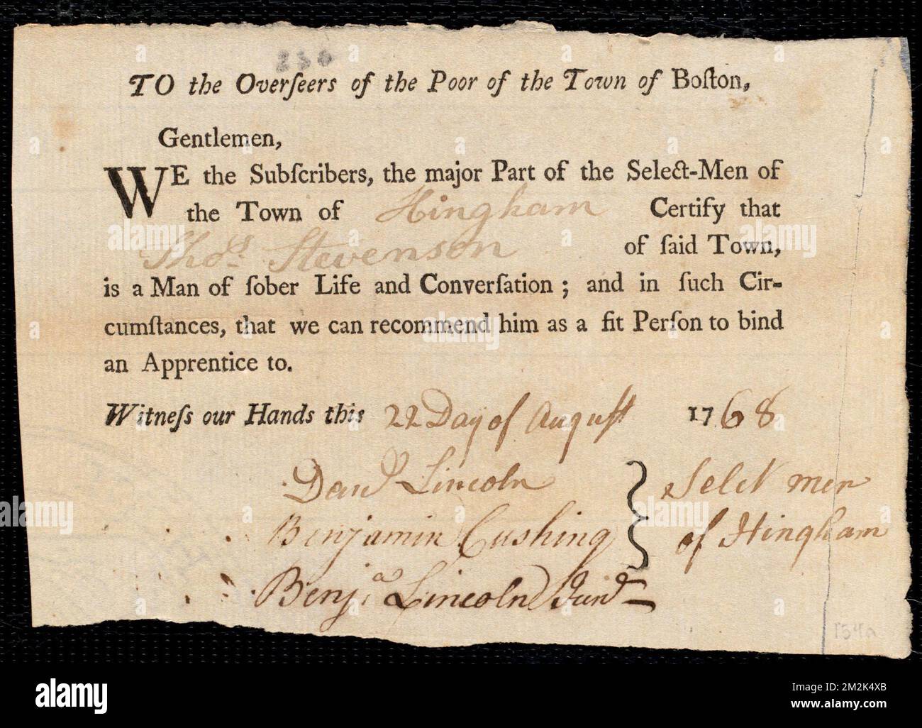 Unterlagendokument: Diener: Bennison, Elizabeth. Meister: Stevenson. Thomas. Stadt des Meisters: Hingham. Wahlmänner der Stadt Hingham Autogrammdokument unterzeichnet an die Aufseher der Armen der Stadt Boston: Bestätigungsurkunde für Thomas Stevenson. - Untergebene Diener, Kinderarbeit Stockfoto