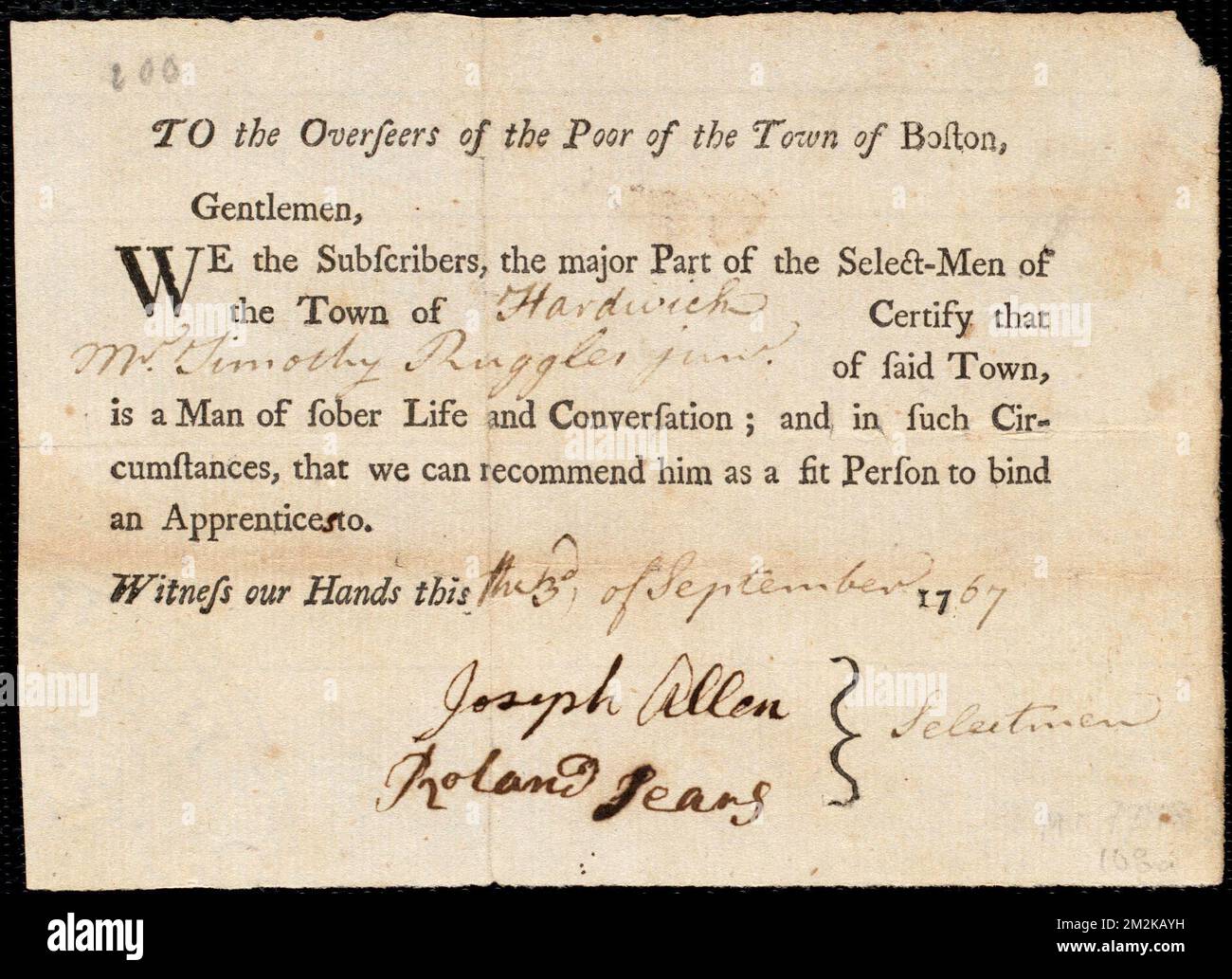 Schriftstück der Zahnprothese: Diener: Goggin, Mary. Ruggles, Timothy Junior Stadt des Meisters: Hardwick. Auswähler der Stadt Hardwick Autogrammdokument unterzeichnet an die Aufseher der Armen der Stadt Boston: Bestätigung für Timothy Ruggles, Jr. - Untergebene Diener, Kinderarbeit Stockfoto