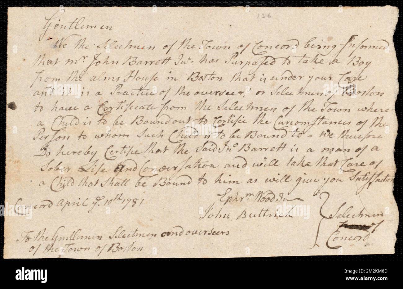 Prothesendokument: Diener: Rush, Silverster. - Barrett, John Jr. Stadt des Meisters: Concord. Auswähler der Stadt Concord Autogramm Dokument unterzeichnet an die Aufseher der Armen der Stadt Boston: Bestätigung für John Barrett, Jr. - Untergebene Diener, Kinderarbeit Stockfoto