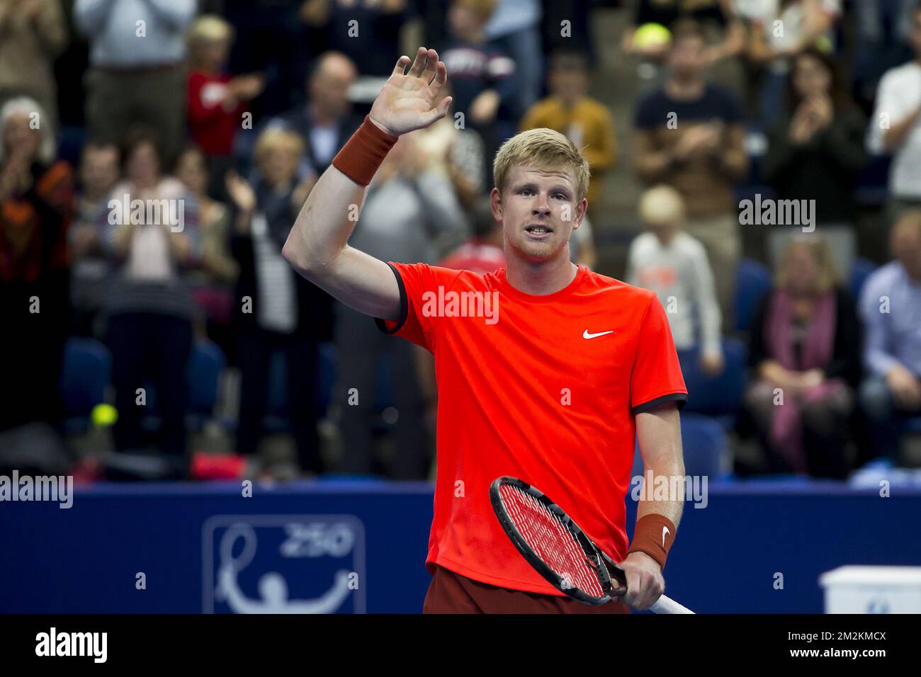 British Kyle Edmund feiert nach dem Sieg eines Tennisspiels zwischen French Gael Monfils (ATP-38) und British Kyle Edmund (ATP-15), dem Finale des Hartplatz-Tennisturniers „European Open“ in Antwerpen, Sonntag, den 21. Oktober 2018. BELGA FOTO KRISTOF VAN ACCOM Stockfoto