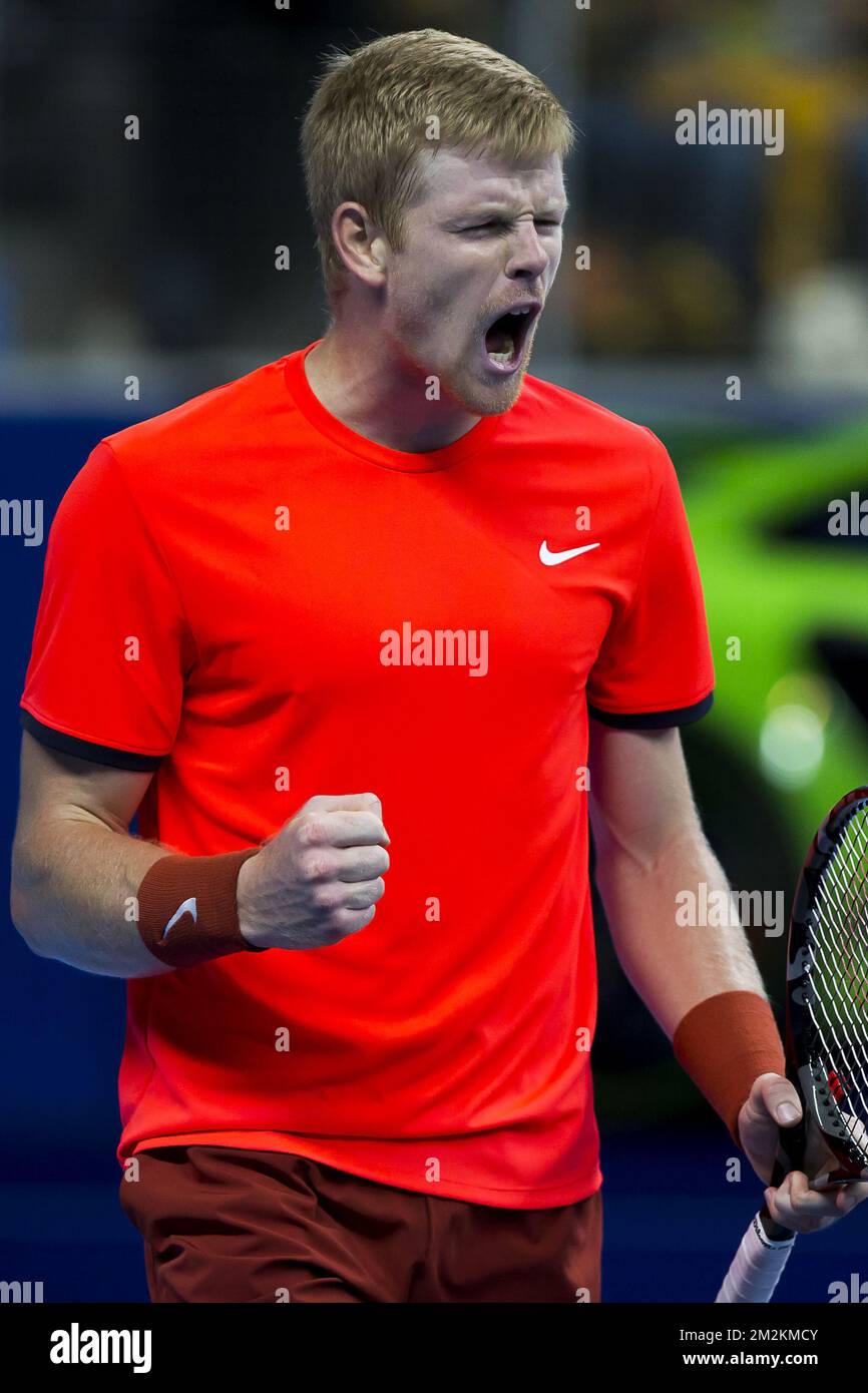 British Kyle Edmund feiert nach dem Sieg eines Tennisspiels zwischen French Gael Monfils (ATP-38) und British Kyle Edmund (ATP-15), dem Finale des Hartplatz-Tennisturniers „European Open“ in Antwerpen, Sonntag, den 21. Oktober 2018. BELGA FOTO KRISTOF VAN ACCOM Stockfoto