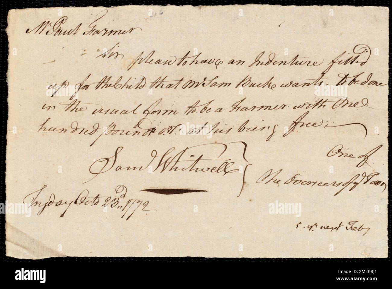 Das Indentationsdokument: Diener: Walker, Peter. (Meister) Buck, Samuel. Stadt des Meisters: Murrayfield. Wahlmänner der Stadt Murrayfield Autogrammdokument unterschrieben an die [Aufseher der Armen der Stadt Boston]: Bestätigungsurkunde für Samuel Buck. - Untergebene Diener, Kinderarbeit Stockfoto