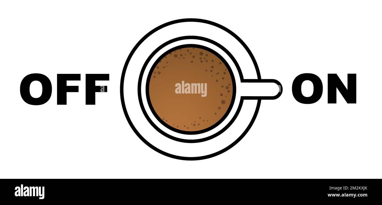 Cartoon Kaffee ein- oder ausschalten. Kaffee- oder Teepause. Messskala mit einer Tasse Kaffee. Zeit für einen Kaffee. Vektorsymbol oder Logo. Volle Energie Zeichen Stockfoto