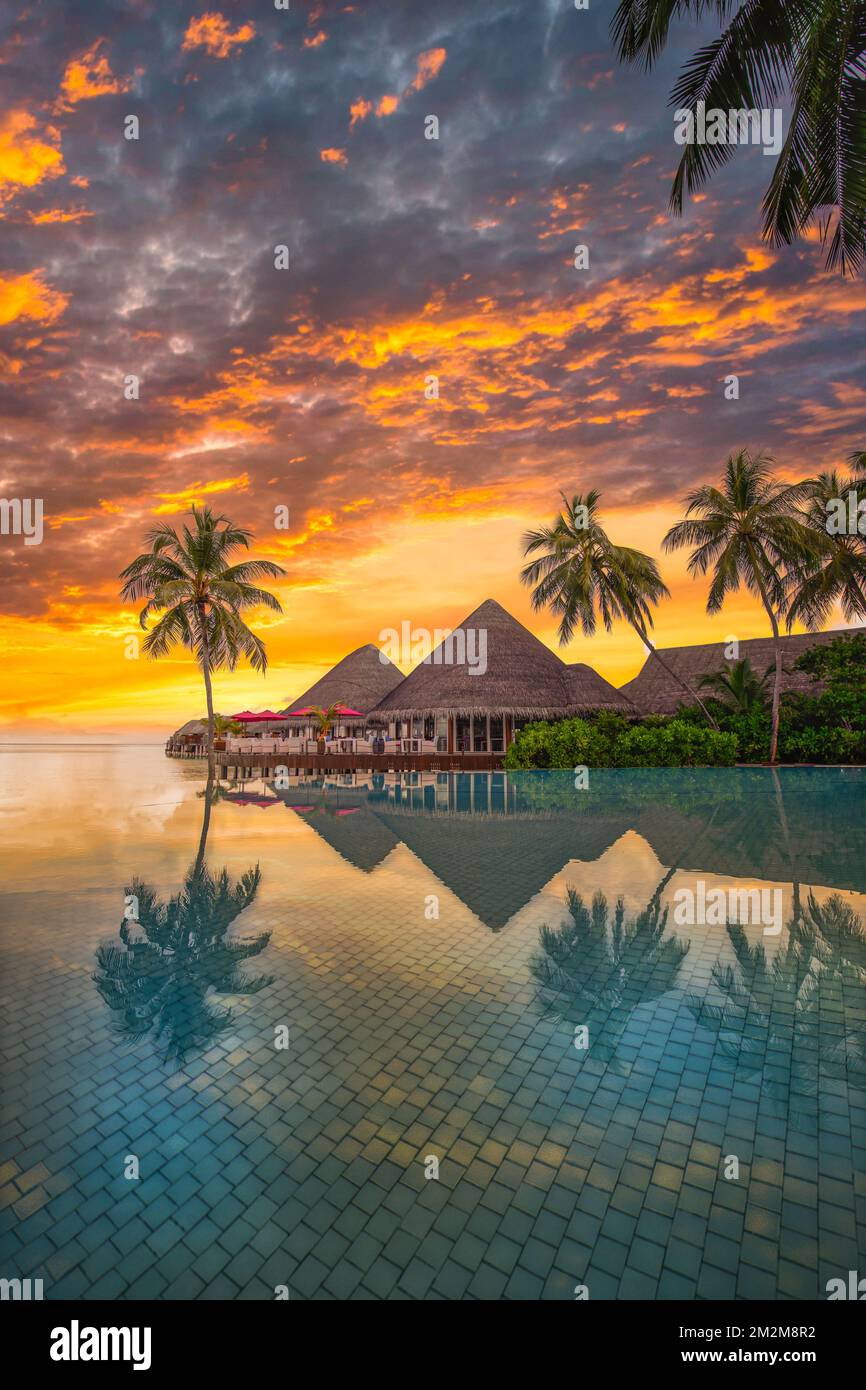 Fantastischer Pool, Sonnenuntergang, Palmenreflexion. Luxuriöse tropische Strandlandschaft, Infinity-Pool. Erstaunlicher Reisehintergrund, vertikal Stockfoto