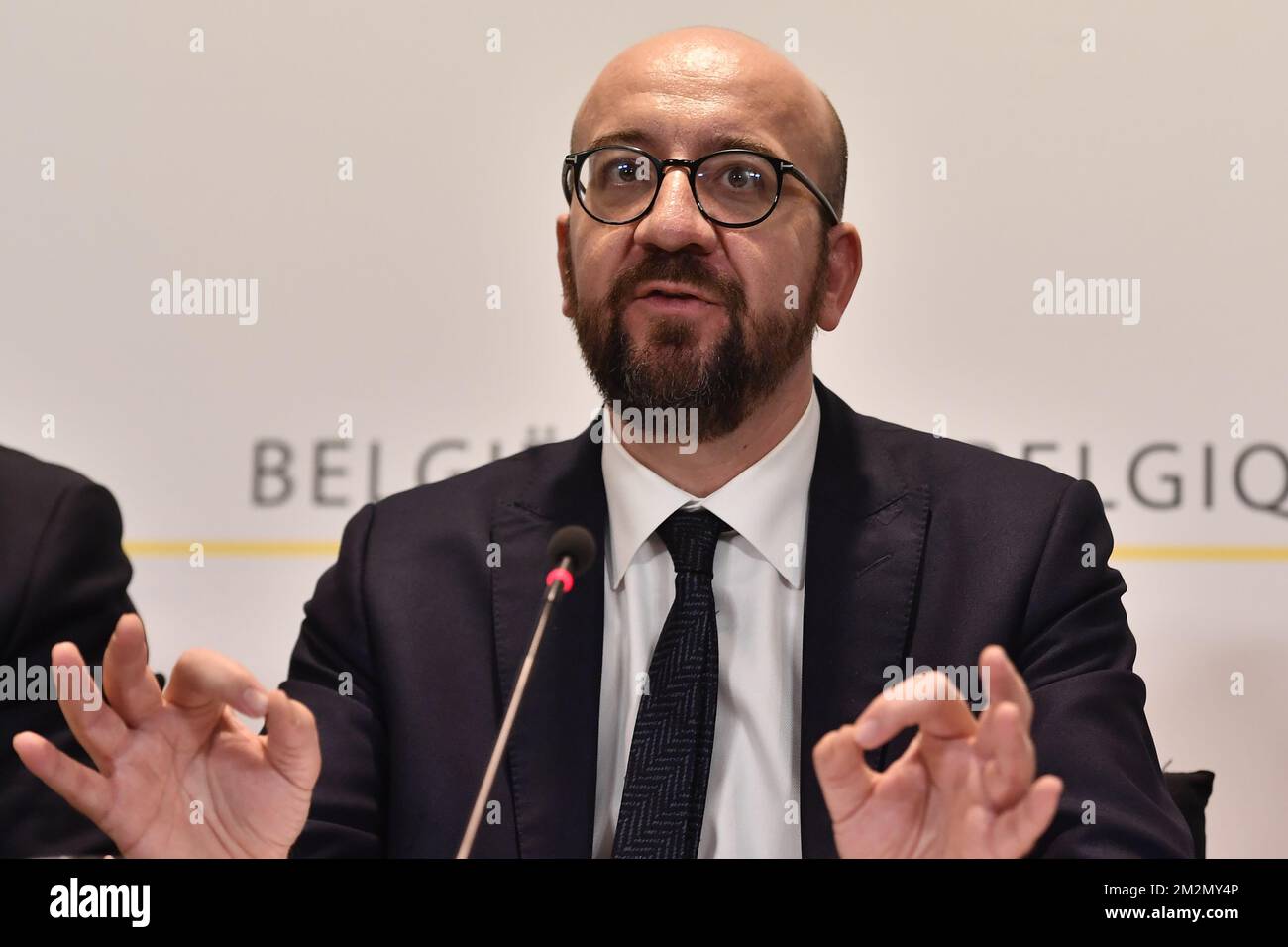 Der belgische Premierminister Charles Michel wurde am Sonntag, den 09. Dezember 2018, auf einer Tagung des ministerrates der Bundesregierung in Brüssel fotografiert. Die flämische nationalistische Partei N-VA verließ gestern den ministerrat der Bundesregierung. Sie konnten den Globalen Migrationspakt der Vereinten Nationen nicht akzeptieren. Der König hat den Rücktritt der fünf N-VA-Minister von der Regierung Michel akzeptiert. BELGA FOTO DIRK WAEM Stockfoto