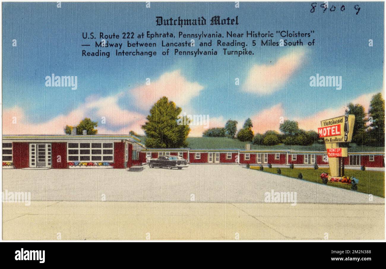 Dutchmaid Motel, USA Route 222 bei Ephrata, Pennsylvania. In der Nähe des historischen 'Cloisters' -- auf halbem Weg zwischen Lancaster und Reading. 5 km südlich des Reading Interchange der Pennsylvania Turnpike. , Motels, Tichnor Brothers Collection, Postkarten der Vereinigten Staaten Stockfoto