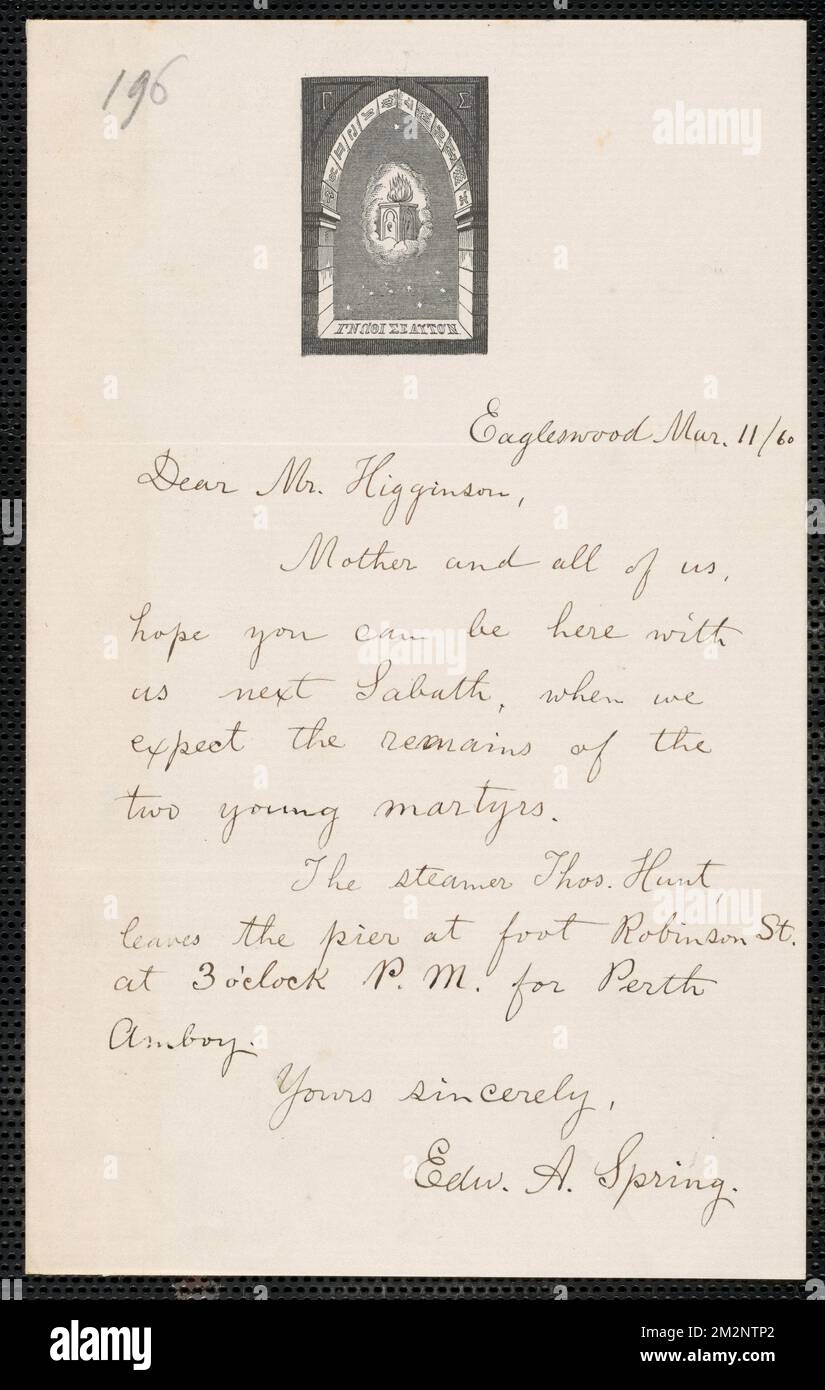 Edward Adolphus Spring Autogrammbrief unterzeichnet an Thomas Wentworth Higginson, Eagleswood, [Perth Amboy, N.J.], 11. März [18]60 , Abolitionists, United States, Anti-Sklaverei-Bewegungen, Vereinigte Staaten, Geschichte, 19.. Jahrhundert, Harpers Ferry W.A., Geschichte, John Brown's RAID, 1859. John Brown. Korrespondenz über John Brown und den Überfall auf Harpers Ferry Stockfoto