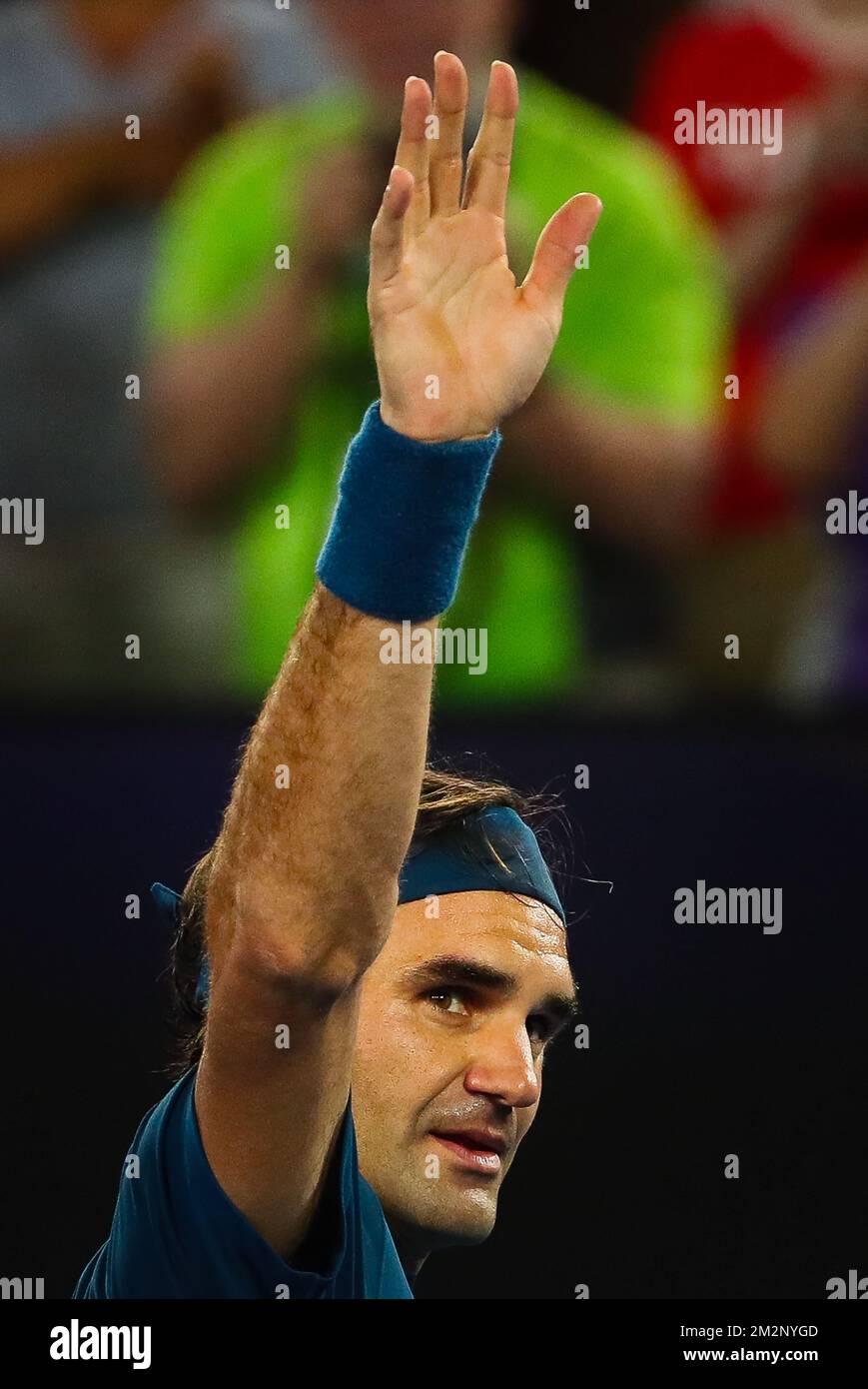 Roger Federer (3) feiert sein Spiel bei den „Australian Open“ Tennis Grand Slam, Freitag, den 18. Januar 2019 in Melbourne, Australien. Der erste Grand Slam der Saison findet vom 15. Bis 28. Januar statt. BELGA FOTO PATRICK HAMILTON Stockfoto