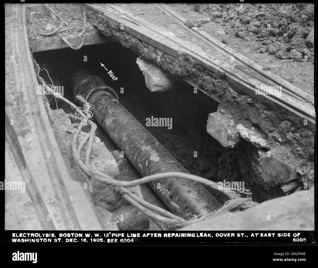 Elektrolyse, Boston Water Works, Dover Street an der Ostseite der Washington Street, 12-Inch-Rohr nach Reparatur eines Lecks durch Elektrolyse (verglichen mit Nr. 6004), Boston, Mass., 16. Dezember 1905 Wasserwerke, Rohrleitungen, Baustellen, Elektrolyse Stockfoto