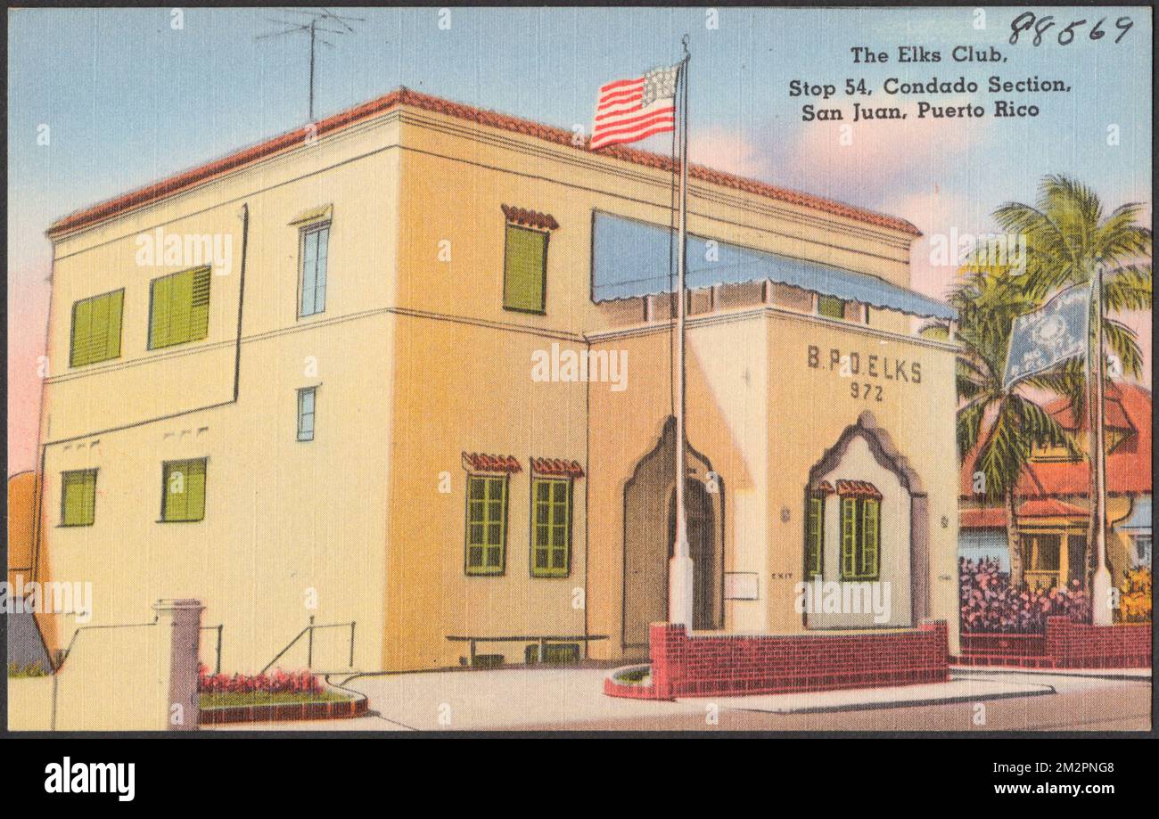 Der Elks-Club. Haltestelle 54, Condado Section, San Juan, Puerto Rico, brüderliche Lodges, Elks Bruderschaft, Tichnor Brothers Collection, Postkarten der Vereinigten Staaten Stockfoto