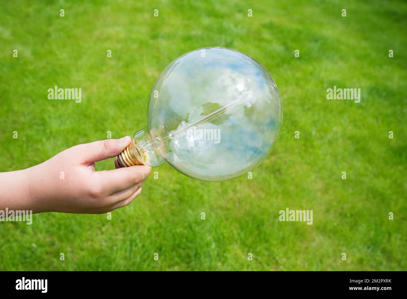 Eine Glühlampe in den Händen eines Kindes vor dem Hintergrund von grünem Gras, eine Nahaufnahme, neue Ideen, Kreativität, Innovationen und Konzepte der Sonnenenergie Stockfoto