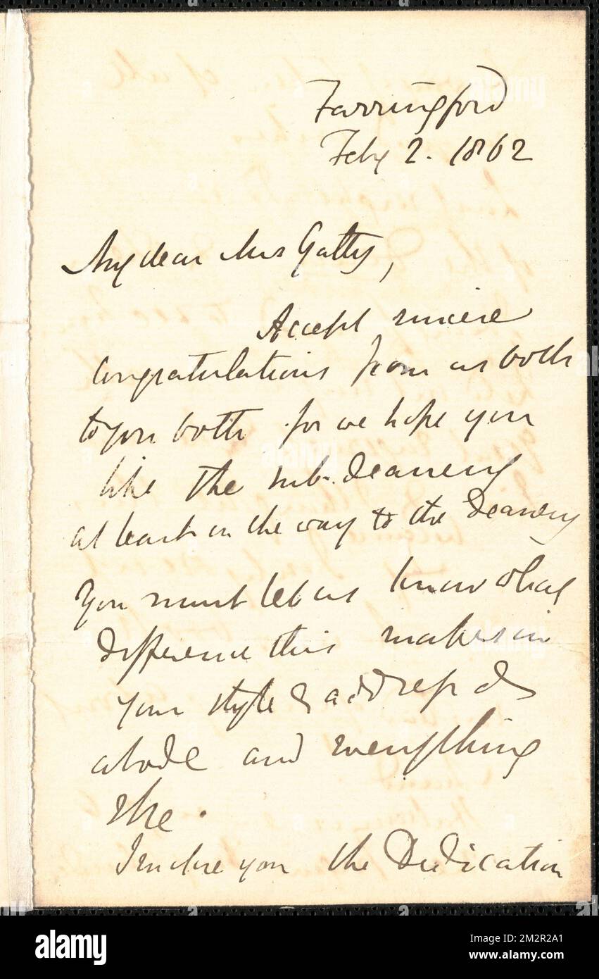 Emily Tennyson signierte ein Autogramm, unterzeichnet an Mrs. Gatty, Farringford, [Isle of Wight], 2. Februar 1862 , Autor' Ehegatten, Großbritannien, Korrespondenz, Familien, Großbritannien, Soziales Leben und Bräuche, 19.. Jahrhundert, Dichter, Englisch, 19.. Jahrhundert, Familienbeziehungen, Tennyson, Alfred Tennyson, Baron, 1809-1892, Victoria, Königin von Großbritannien, 1819-1901, Alice, Großherzogin, Gemahlin von Ludwig IV., Großherzog von Hesse-Darmstadt, 1843-1878 Stockfoto