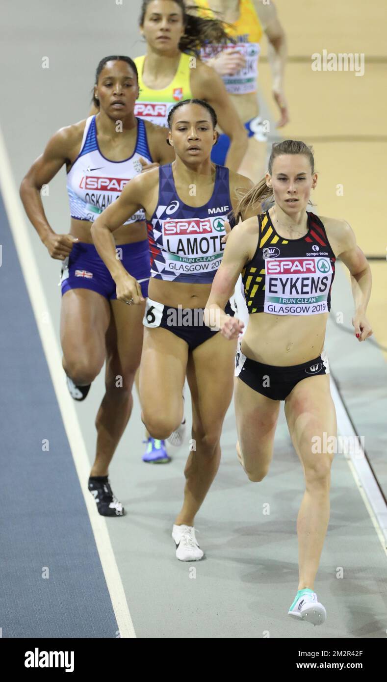 Die belgische Renee Eykens wurde am ersten Tag der Europameisterschaft in der Leichtathletik in Glasgow, Schottland, am Freitag, den 01. März 2019 in Aktion in der ersten Runde des Frauenwettbewerbs 800m gezeigt. Die Meisterschaften finden vom 1. Bis 3. März statt. BELGA FOTO BENOIT DOPPPAGNE Stockfoto