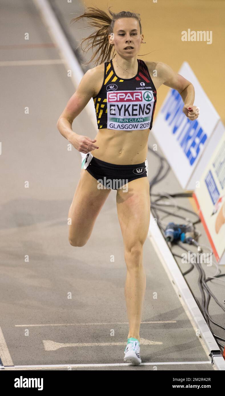 Die belgische Renee Eykens tritt am ersten Tag der Europameisterschaft in der Leichtathletik in Glasgow, Schottland, am Freitag, den 01. März 2019, in der ersten Runde des 800m-Wettkampfs der Frauen auf. Die Meisterschaften finden vom 1. Bis 3. März statt. BELGA FOTO BENOIT DOPPPAGNE Stockfoto