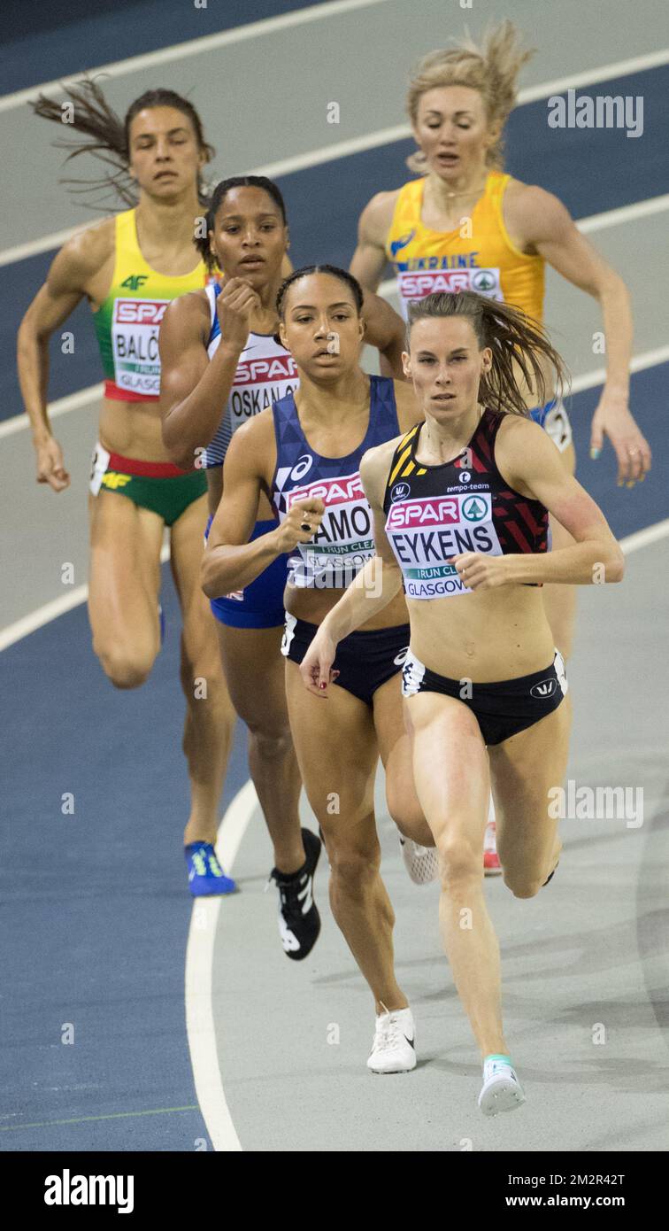 Die belgische Renee Eykens tritt am ersten Tag der Europameisterschaft in der Leichtathletik in Glasgow, Schottland, am Freitag, den 01. März 2019, in der ersten Runde des 800m-Wettkampfs der Frauen auf. Die Meisterschaften finden vom 1. Bis 3. März statt. BELGA FOTO BENOIT DOPPPAGNE Stockfoto
