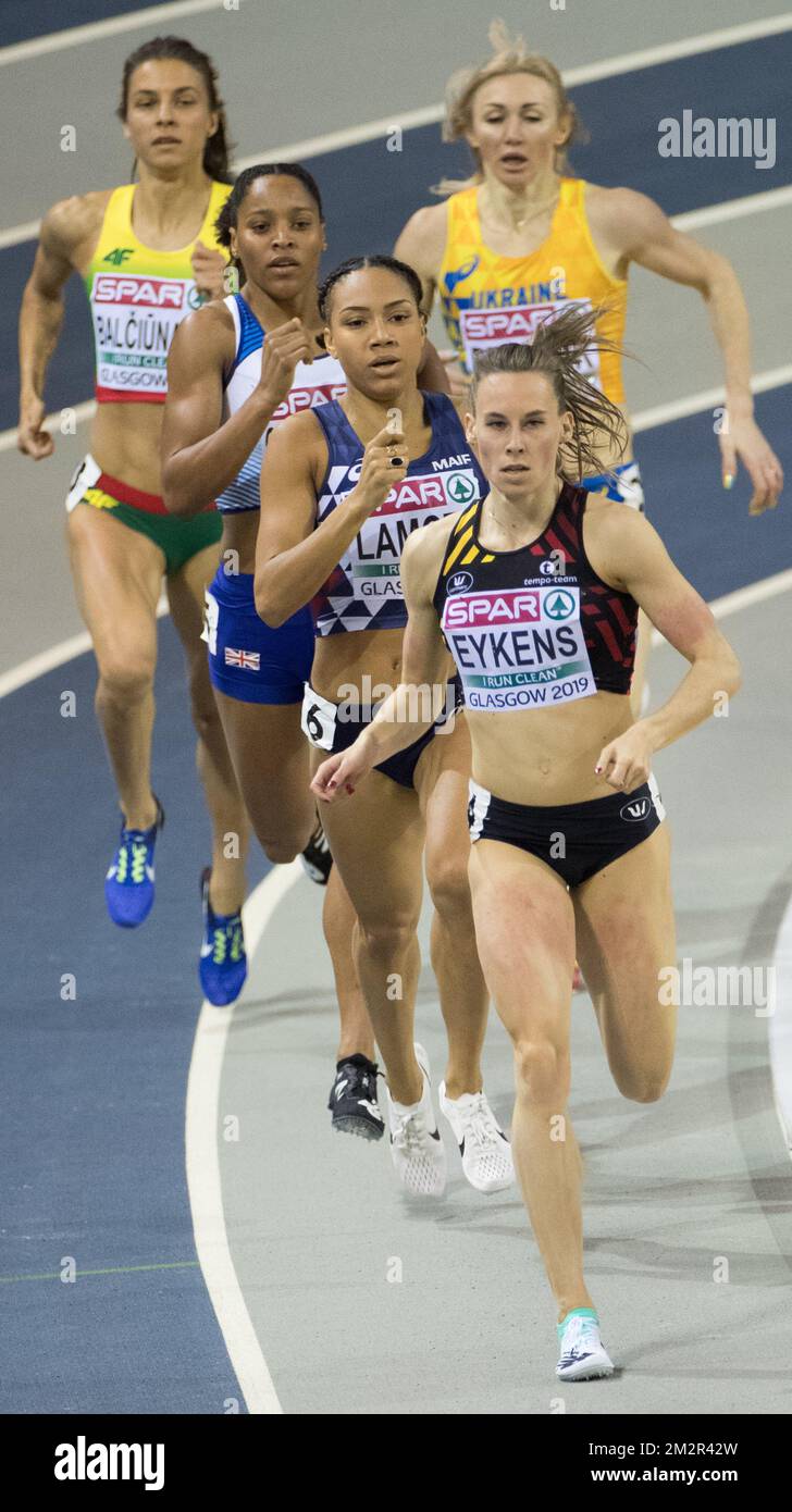 Die belgische Renee Eykens tritt am ersten Tag der Europameisterschaft in der Leichtathletik in Glasgow, Schottland, am Freitag, den 01. März 2019, in der ersten Runde des 800m-Wettkampfs der Frauen auf. Die Meisterschaften finden vom 1. Bis 3. März statt. BELGA FOTO BENOIT DOPPPAGNE Stockfoto