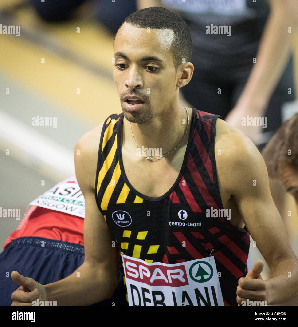 Der belgische Ismael Debjani wurde nach der ersten Runde des Männer-1500m-Wettbewerbs am ersten Tag der Europameisterschaft in der Leichtathletik in Glasgow, Schottland, am Freitag, den 01. März 2019, fotografiert. Die Meisterschaften finden vom 1. Bis 3. März statt. BELGA FOTO BENOIT DOPPPAGNE Stockfoto
