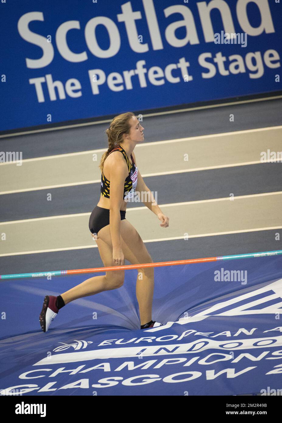 Die belgische Sportlerin Hanne Maudens tritt am ersten Tag der europäischen Leichtathletik-Hallenmeisterschaft am Freitag, den 01. März 2019, in Glasgow, Schottland, während des High-Jump-Events des Frauen-Fünfkampfes auf. Die Meisterschaften finden vom 1. Bis 3. März statt. BELGA FOTO BENOIT DOPPPAGNE Stockfoto