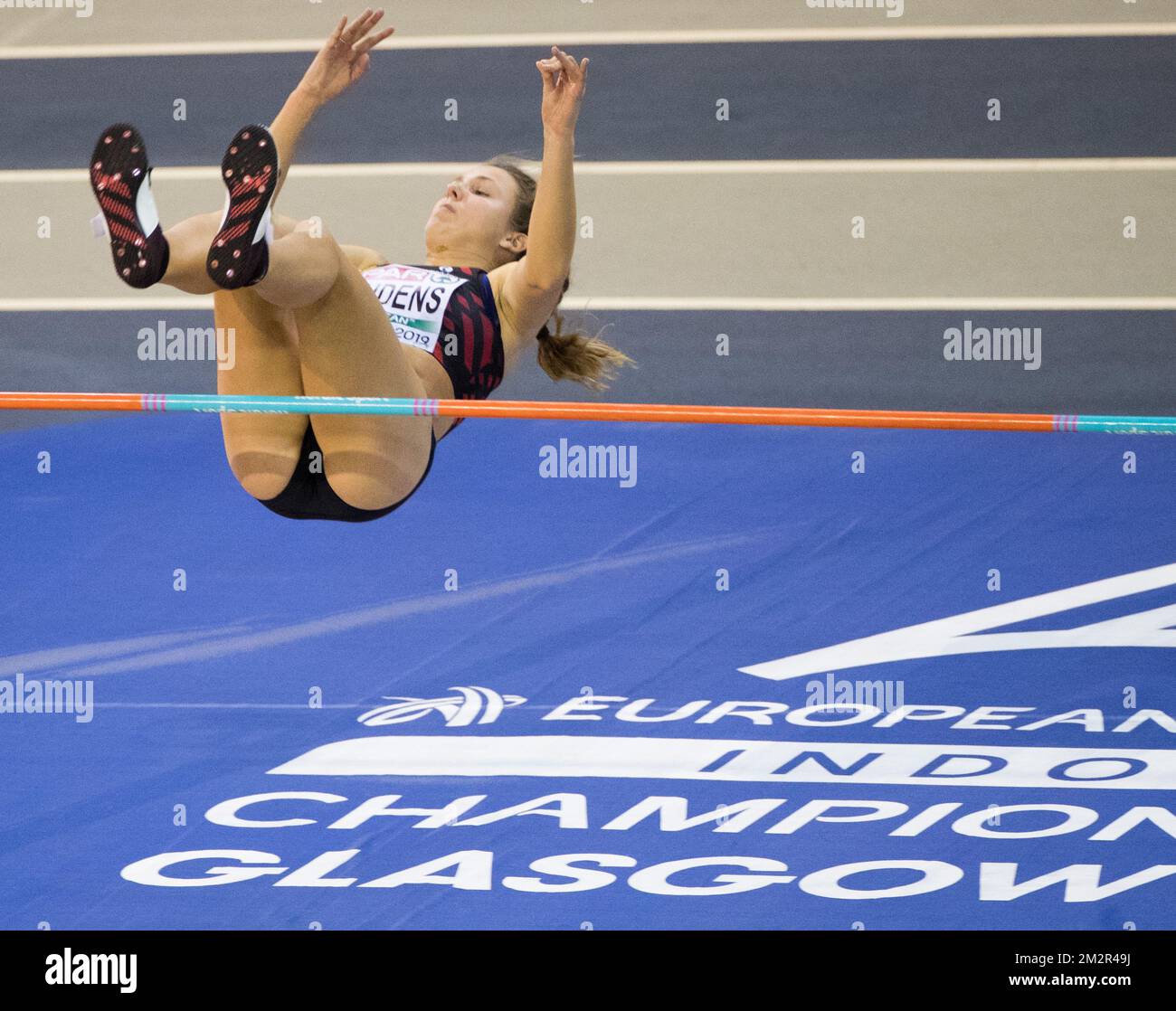 Die belgische Sportlerin Hanne Maudens tritt am ersten Tag der europäischen Leichtathletik-Hallenmeisterschaft am Freitag, den 01. März 2019, in Glasgow, Schottland, während des High-Jump-Events des Frauen-Fünfkampfes auf. Die Meisterschaften finden vom 1. Bis 3. März statt. BELGA FOTO BENOIT DOPPPAGNE Stockfoto