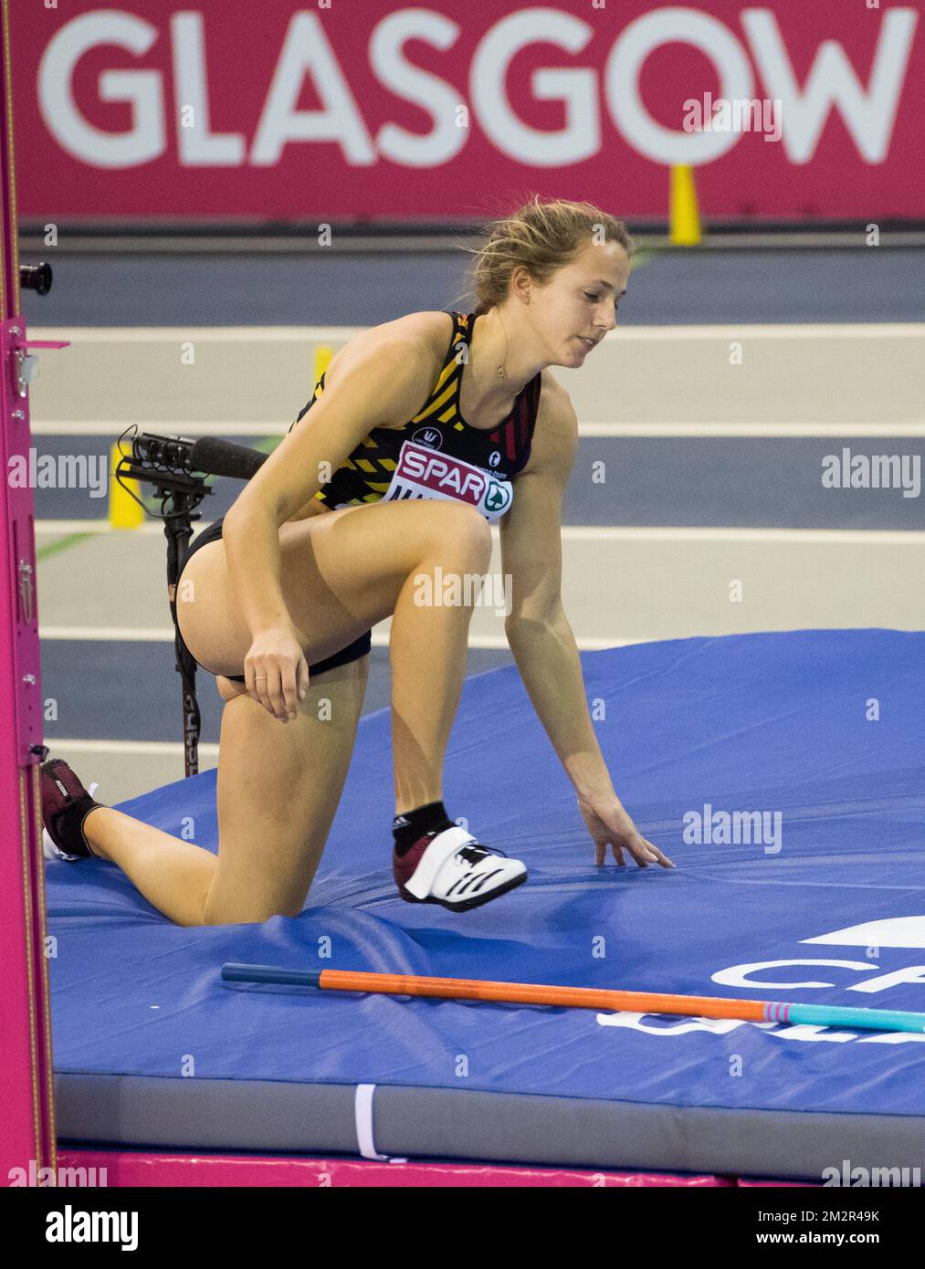 Die belgische Sportlerin Hanne Maudens tritt am ersten Tag der europäischen Leichtathletik-Hallenmeisterschaft am Freitag, den 01. März 2019, in Glasgow, Schottland, während des High-Jump-Events des Frauen-Fünfkampfes auf. Die Meisterschaften finden vom 1. Bis 3. März statt. BELGA FOTO BENOIT DOPPPAGNE Stockfoto