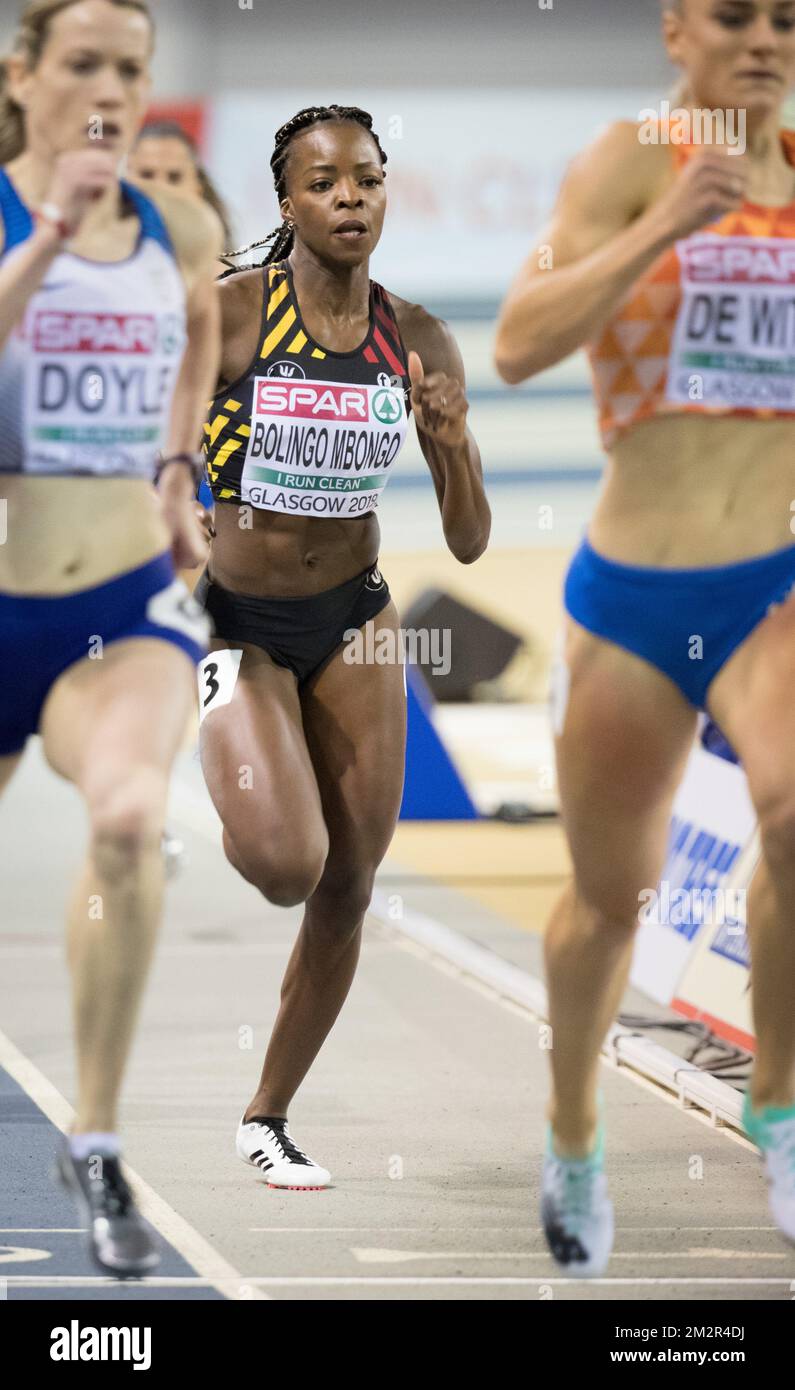 Die belgische Sportlerin Cynthia Mbongo Bolingo bildete in der ersten Runde des Frauenwettbewerbs 400m am ersten Tag der europäischen Leichtathletik-Hallenmeisterschaft in Glasgow, Schottland, am Freitag, den 01. März 2019. Die Meisterschaften finden vom 1. Bis 3. März statt. BELGA FOTO BENOIT DOPPPAGNE Stockfoto