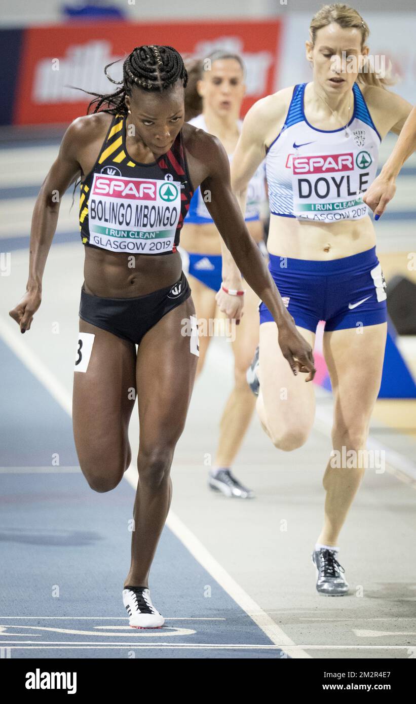Die belgische Sportlerin Cynthia Mbongo Bolingo bildete in der ersten Runde des Frauenwettbewerbs 400m am ersten Tag der europäischen Leichtathletik-Hallenmeisterschaft in Glasgow, Schottland, am Freitag, den 01. März 2019. Die Meisterschaften finden vom 1. Bis 3. März statt. BELGA FOTO BENOIT DOPPPAGNE Stockfoto