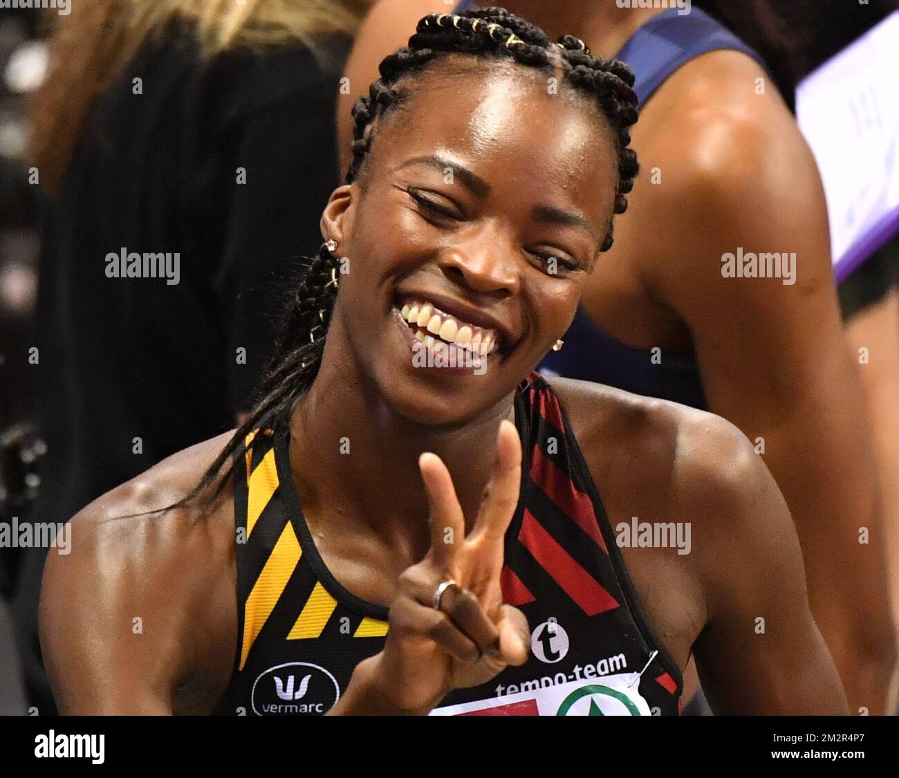 Die belgische Cynthia Bolingo Mbongo feiert nach dem Halbfinale des Frauenwettbewerbs 400m am ersten Tag der europäischen Leichtathletik-Hallenmeisterschaft in Glasgow, Schottland, am Freitag, den 01. März 2019. Die Meisterschaften finden vom 1. Bis 3. März statt. BELGA FOTO BENOIT DOPPPAGNE Stockfoto