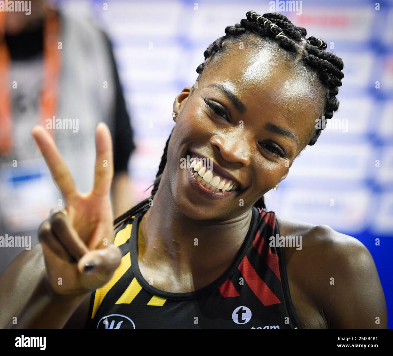 Die belgische Cynthia Bolingo Mbongo feiert nach dem Halbfinale des Frauenwettbewerbs 400m am ersten Tag der europäischen Leichtathletik-Hallenmeisterschaft in Glasgow, Schottland, am Freitag, den 01. März 2019. Die Meisterschaften finden vom 1. Bis 3. März statt. BELGA FOTO BENOIT DOPPPAGNE Stockfoto