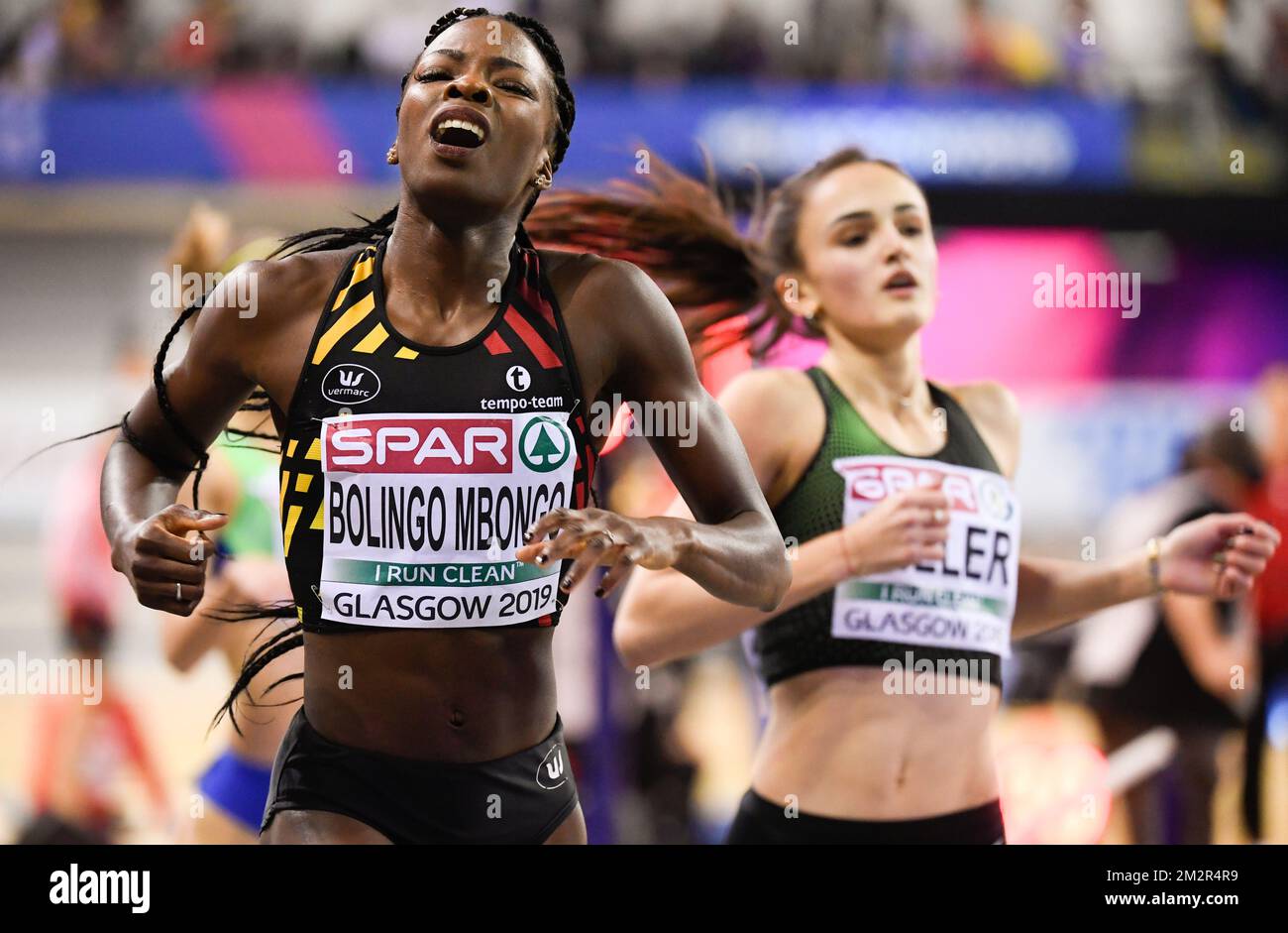 Die belgische Cynthia Mbongo Bolingo wurde am ersten Tag der europäischen Leichtathletik-Hallenmeisterschaft am Freitag, den 01. März 2019, in Glasgow, Schottland, im Halbfinale des 400m-Wettkampfs für Frauen gefilmt. Die Meisterschaften finden vom 1. Bis 3. März statt. BELGA FOTO BENOIT DOPPPAGNE Stockfoto