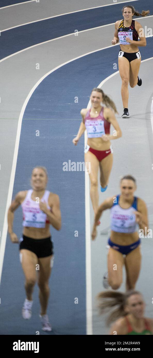 Die belgische Sportlerin Hanne Maudens (hinten) wurde am ersten Tag der europäischen Leichtathletik-Hallenmeisterschaft am Freitag, den 01. März 2019, in Glasgow, Schottland, beim 800m. Rennen des Fünfkampfes für Frauen fotografiert. Die Meisterschaften finden vom 1. Bis 3. März statt. BELGA FOTO BENOIT DOPPPAGNE Stockfoto