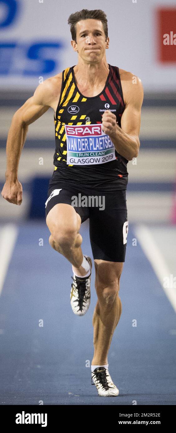 Der belgische Thomas Van der Plaetsen tritt am zweiten Tag der Europameisterschaft in der Leichtathletik am Samstag, den 02. März 2019, in Glasgow, Schottland, beim Heptathlon-Rennen 60m auf. Die Meisterschaften finden vom 1. Bis 3. März statt. BELGA FOTO BENOIT DOPPPAGNE Stockfoto