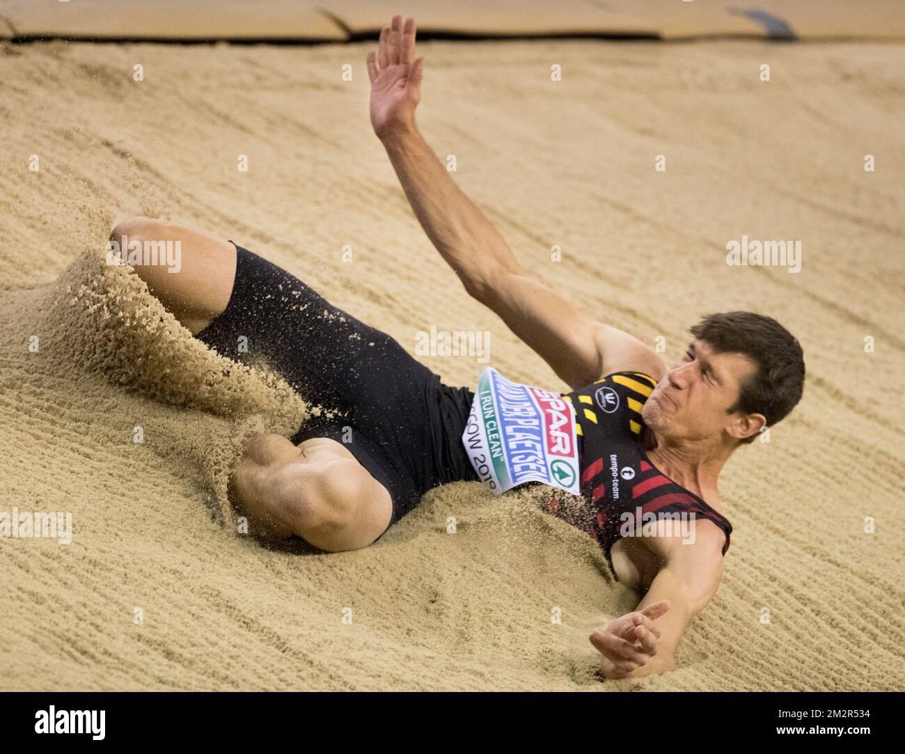 Der belgische Thomas Van der Plaetsen tritt am zweiten Tag der Europameisterschaft der Leichtathletik-Halle am Samstag, den 02. März 2019 in Glasgow, Schottland, beim Langsprung-Wettkampf des Männer-Heptathlon auf. Die Meisterschaften finden vom 1. Bis 3. März statt. BELGA FOTO BENOIT DOPPPAGNE Stockfoto