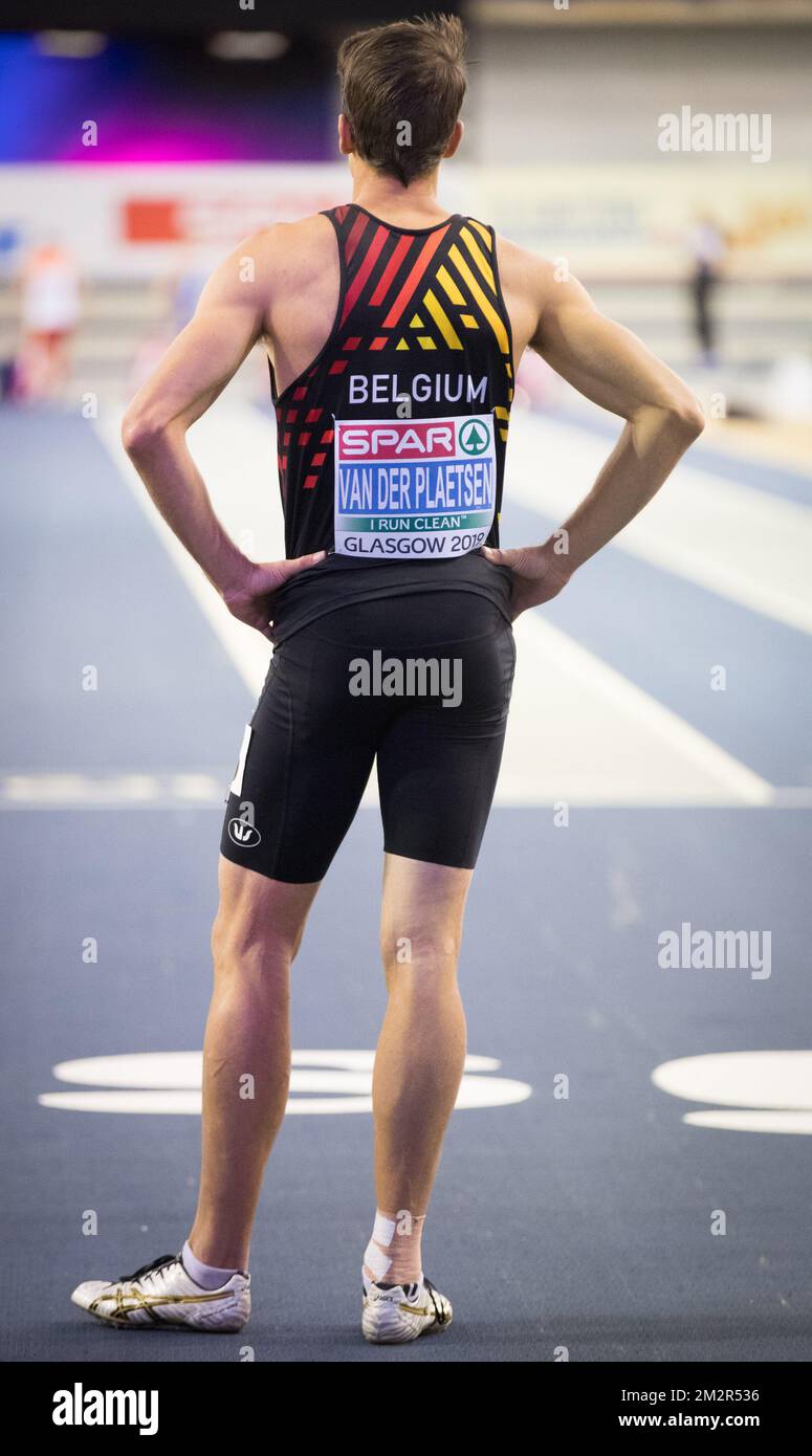 Der belgische Thomas Van der Plaetsen reagiert nach dem 60m. Rennen des Männer-Heptathlon-Wettbewerbs am zweiten Tag der Europameisterschaft im Leichtathletikbereich in Glasgow, Schottland, am Samstag, den 02. März 2019. Die Meisterschaften finden vom 1. Bis 3. März statt. BELGA FOTO BENOIT DOPPPAGNE Stockfoto