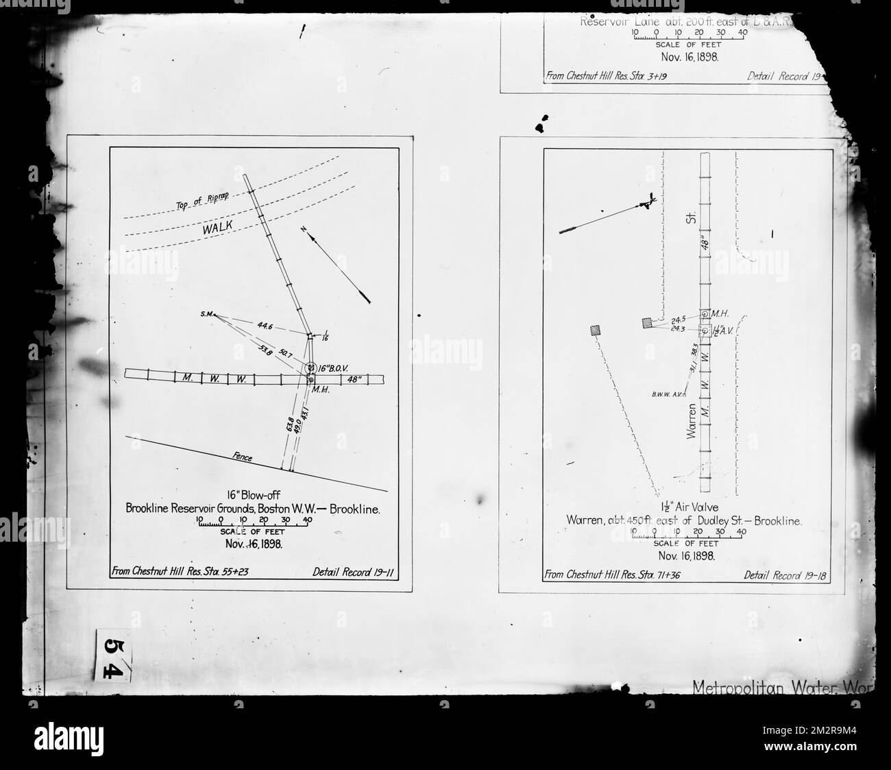 Technische Pläne, Vertriebsabteilung, Chestnut Hill Reservoir, Station 55+23, Detailbericht 19-11; Station 71+36, Detail Record 19-18, Brookline, Mass., 16. Nov., 1898, Wasserwerke, technische Karten Stockfoto