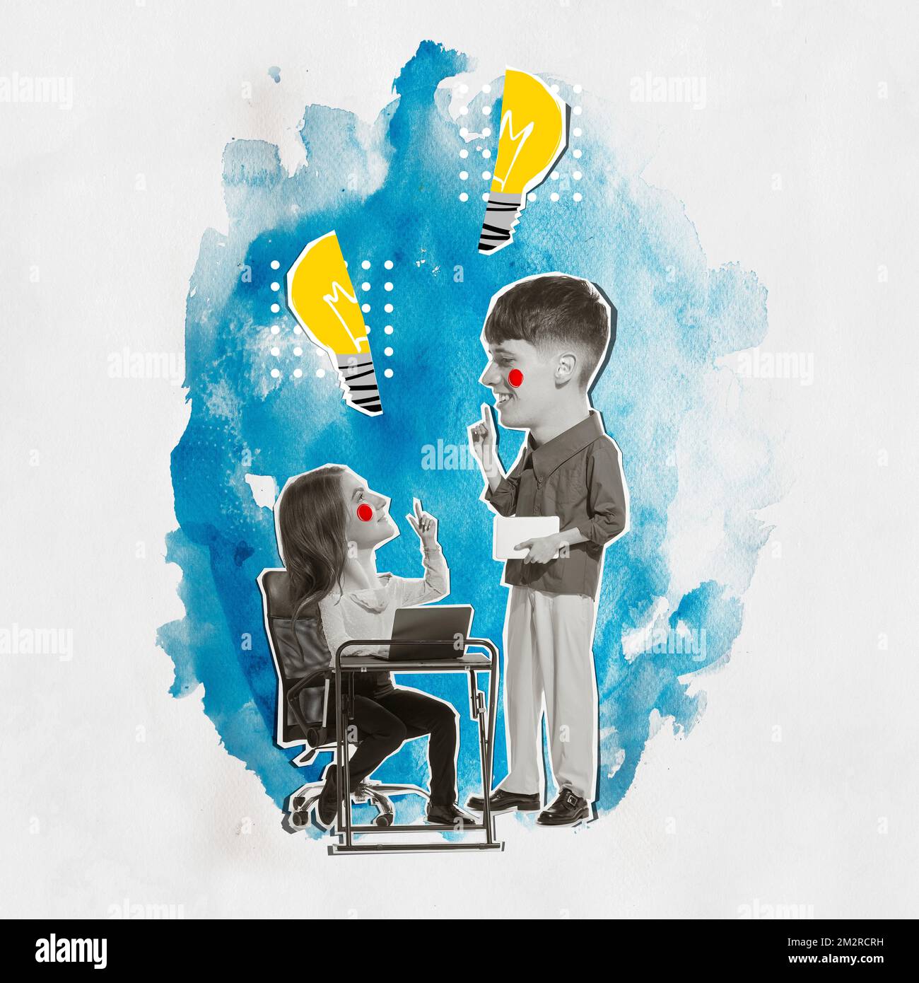 Contemporary art collage. Young people, employee communication, generating professional ideas. Teamwork Stockfoto