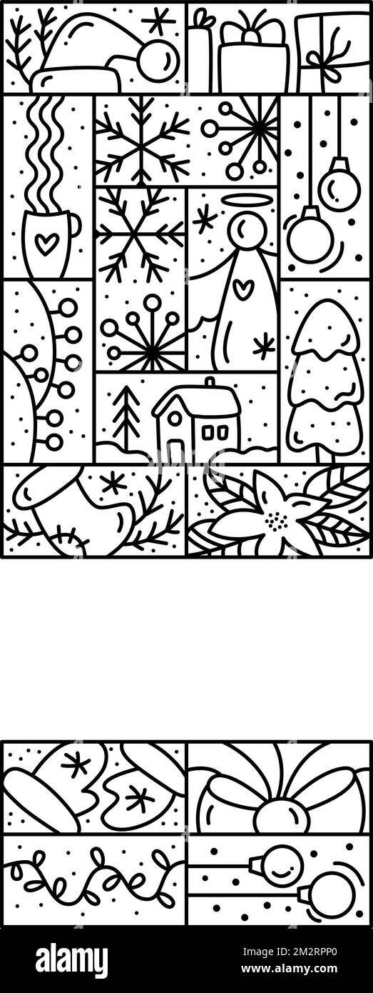 Merry Christmas Dekoration Monoline Rahmen. Ununterbrochene einzeilige Kunst im Winter. Weihnachtsgrußkartenball, Baumstern und Kerze. Vektor Stock Vektor