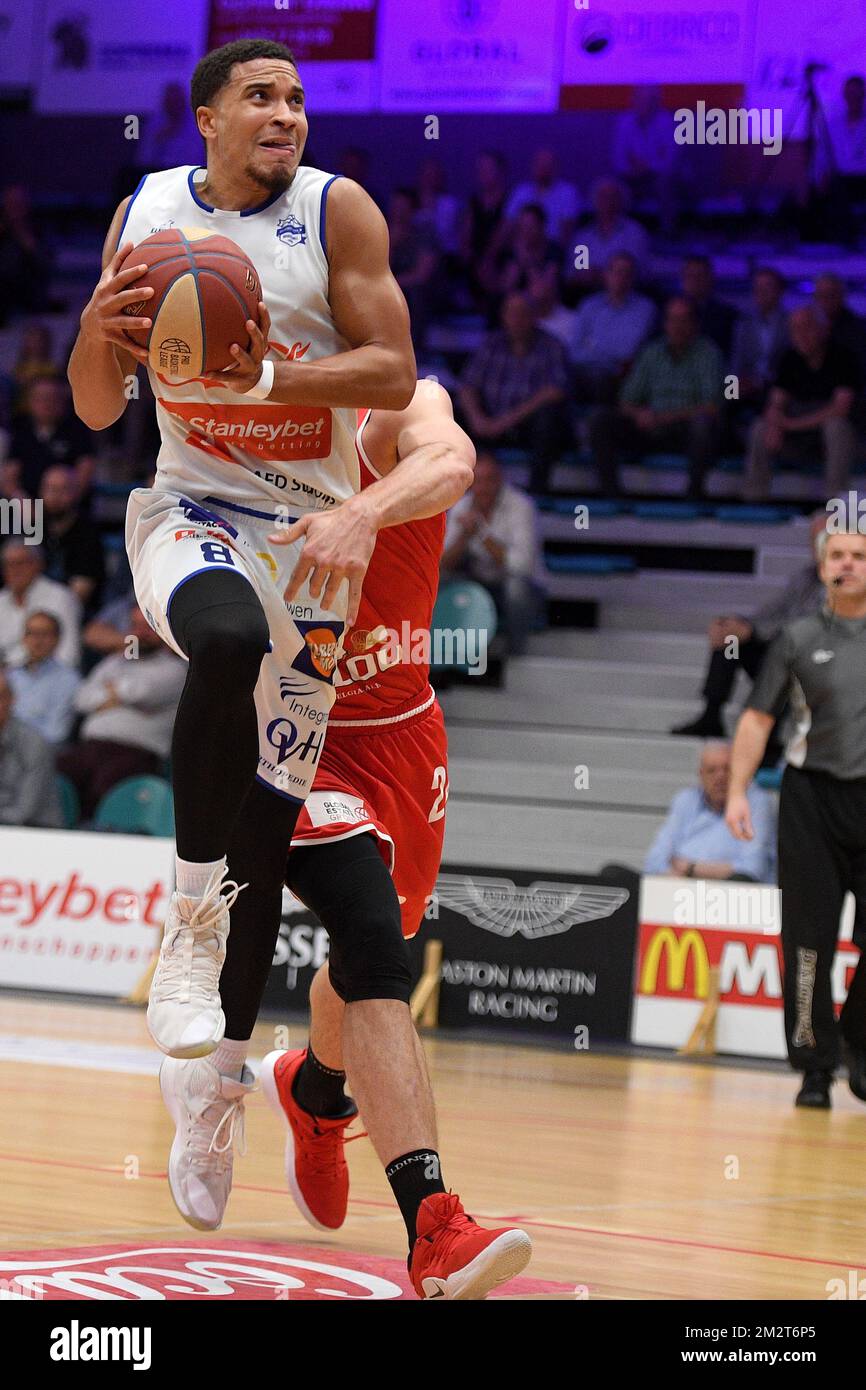 Charles Barton von Mechelen in Aktion während eines Basketballspiels zwischen Kangoeroes Mechelen und BC Oostende am Freitag, den 19. April 2019, in Mechelen, am 27. Tag der ersten belgischen Liga „EuroMillions League“. BELGA FOTO DAVID STOCKMAN Stockfoto