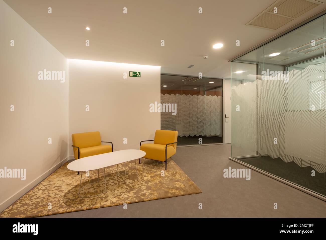 Eingangshalle und Wartezimmer mit gelben Designersofas, passendem Teppich und Büros mit Glastrennwänden Stockfoto