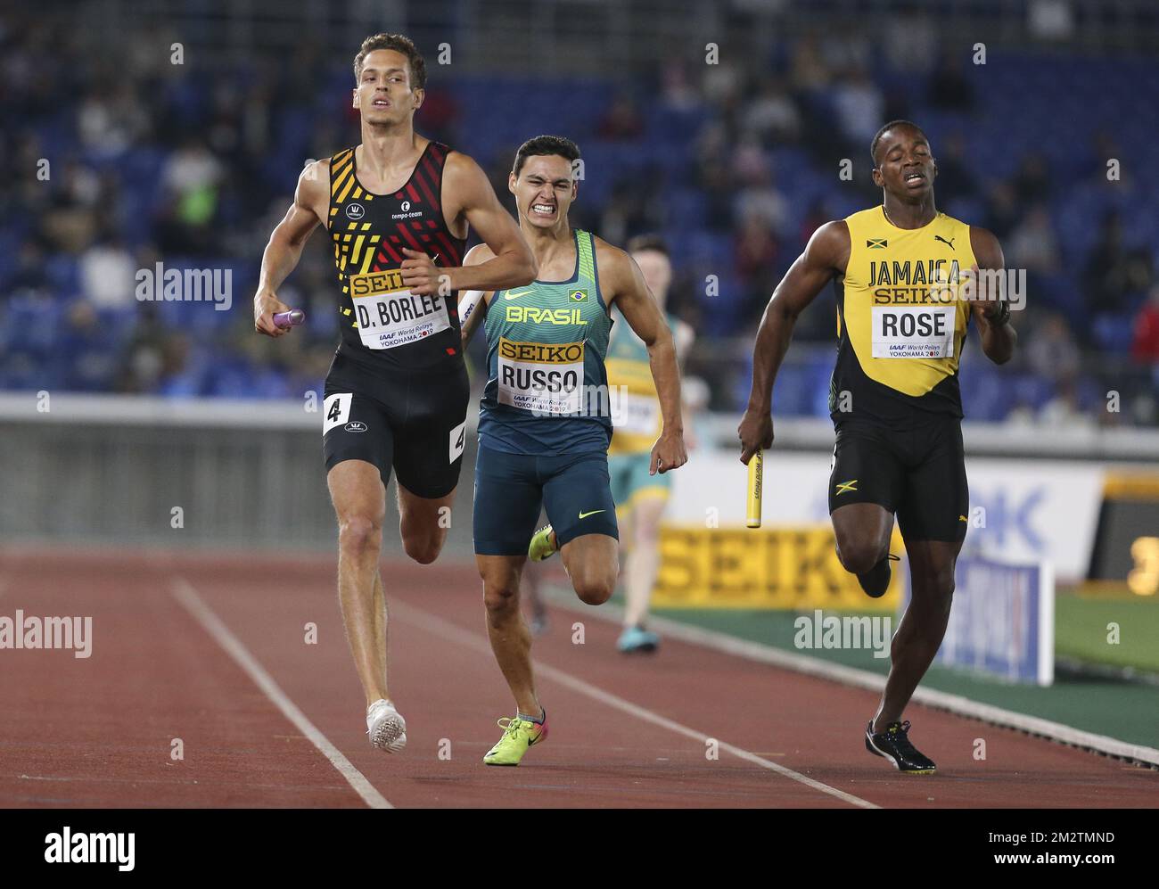 Der belgische Dylan Borlee wurde während der 4x400 m großen Mischung auf der IAAF World Relays Athletics Veranstaltung im Nissan Stadium in Yokohama, Japan, am Samstag, den 11. Mai 2019, fotografiert. BELGA FOTO ROGER SEDRES Stockfoto