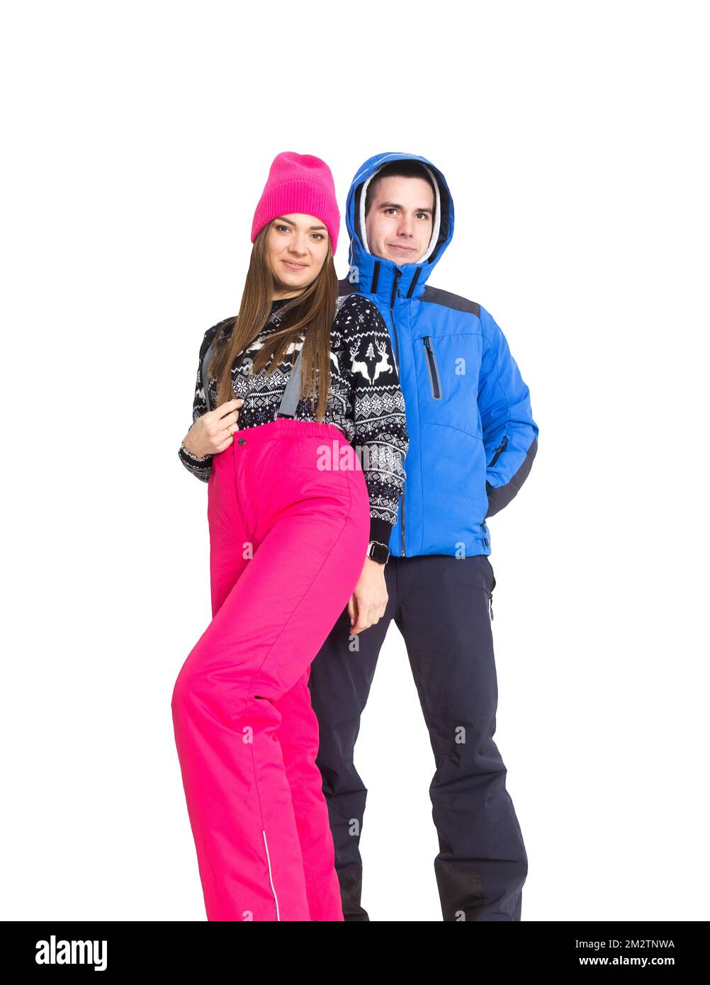 Ein Paar in Skianzügen, isoliert auf weißem Hintergrund Stockfoto