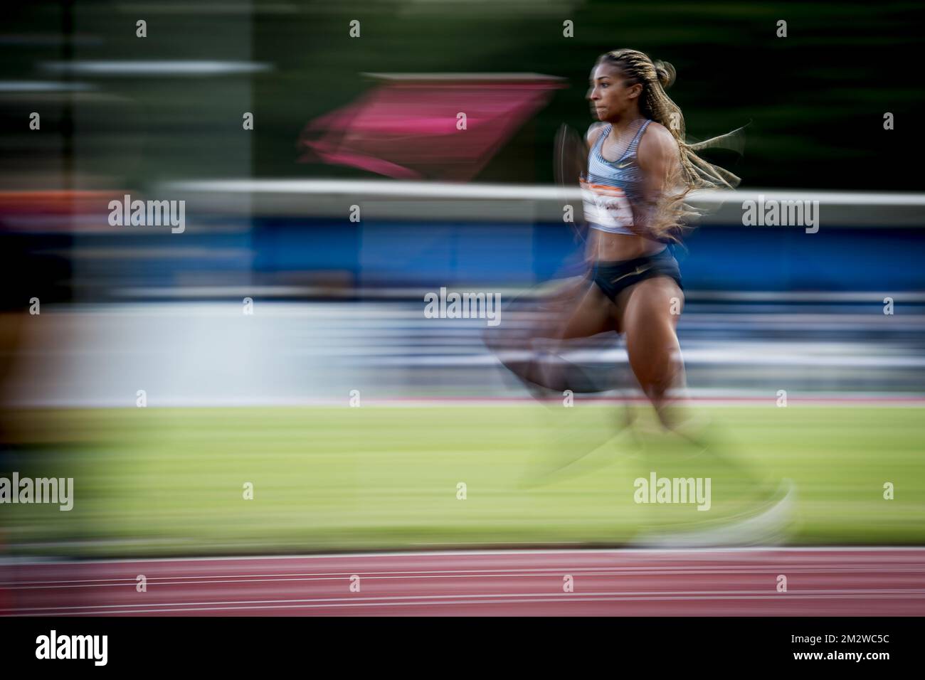 Der belgische Nafissatou Nafi Thiam wurde am Samstag, den 08. Juni 2019 in Leiden, Niederlande, während des Weitsprung-Wettbewerbs der Frauen auf dem internationalen Leichtathletiktreffen „Gouden Spike“ in Aktion gezeigt. BELGA FOTO JASPER JACOBS Stockfoto