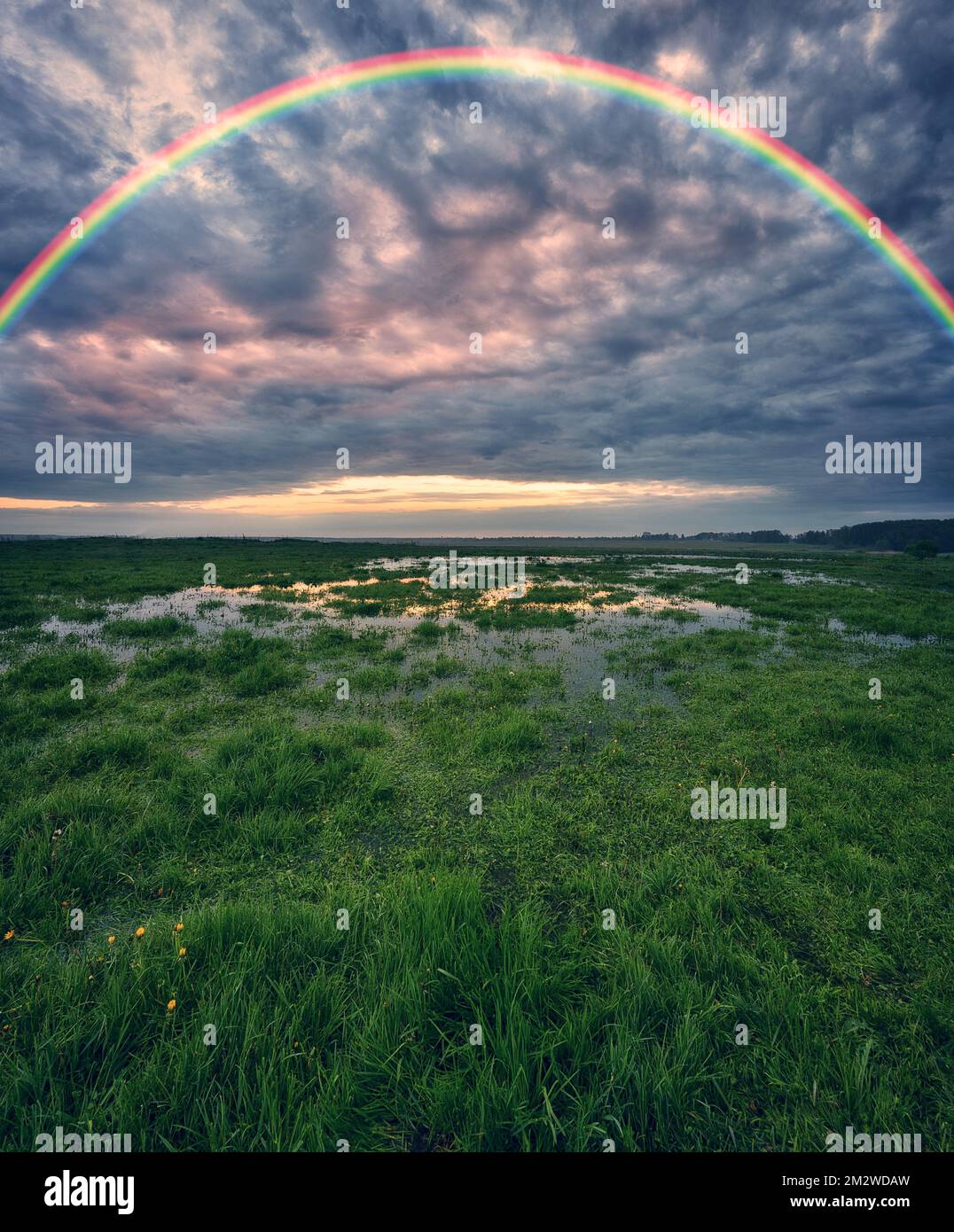 Landschaft mit einem Regenbogen auf dem Fluss im Frühling. Farbenfroher Morgen. Art der Ukraine Stockfoto