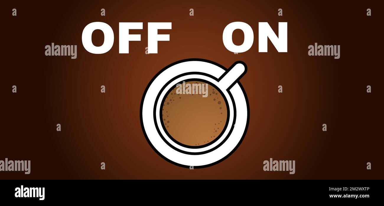 Cartoon Kaffee ein- oder ausschalten. Kaffee- oder Teepause. Messskala mit einer Tasse Kaffee. Zeit für einen Kaffee. Vektorsymbol oder Logo. Volle Energie Zeichen Stockfoto
