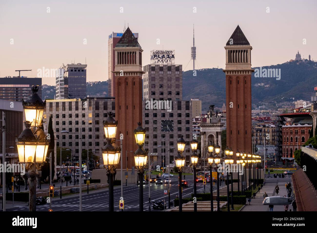 Plaza Espana bei Sonnenuntergang in Barcelona Spanien Stockfoto