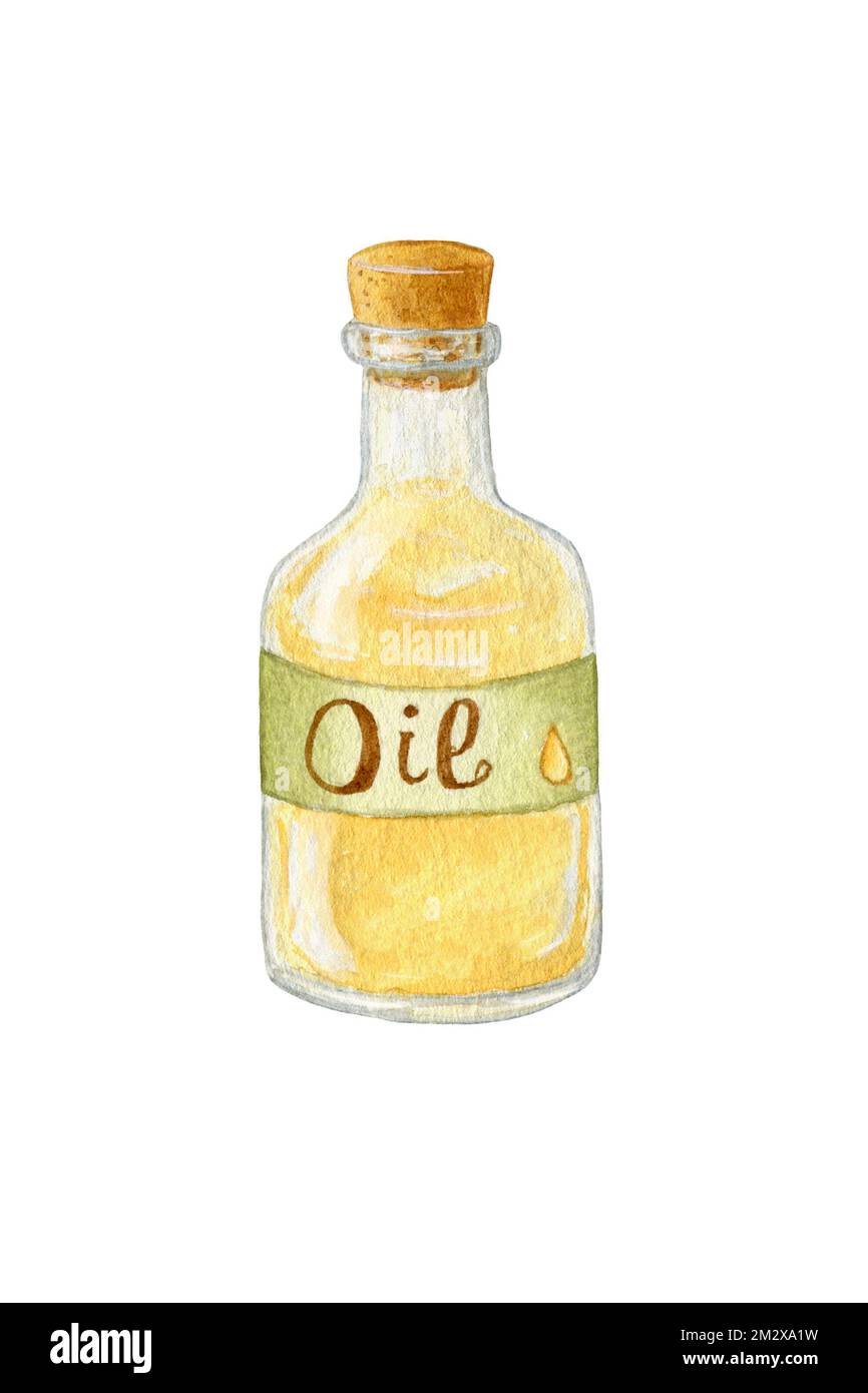 Eine Flasche. Aquarelle Glasflasche mit Olivenöl. Die Flasche ist auf weißem Hintergrund isoliert. Olivenöl in einer Flasche Stockfoto