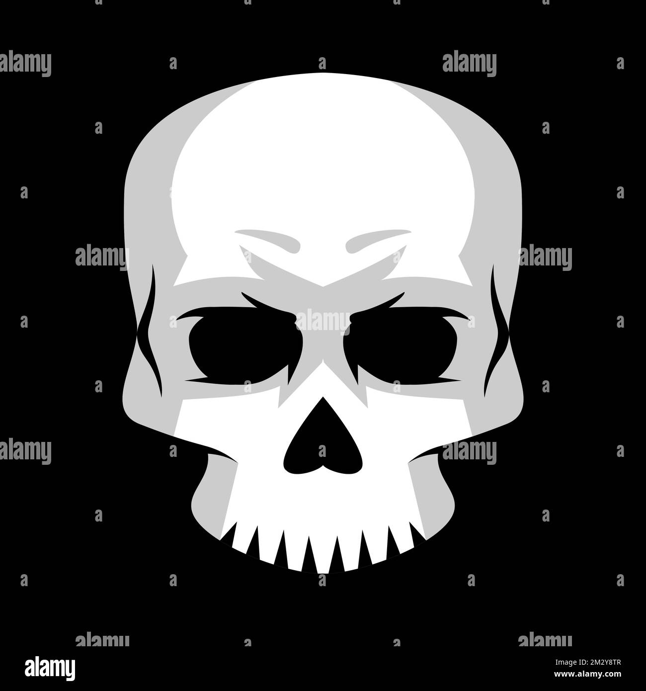 Weißer Schädel auf schwarzem Hintergrund. Detailgetreuer, stilisierter wütender Schädel mit Schatten. Gruseliger menschlicher Kopf Skelett-Cartoon-Stil. Furchterregendes Halloween. Vektor Stock Vektor