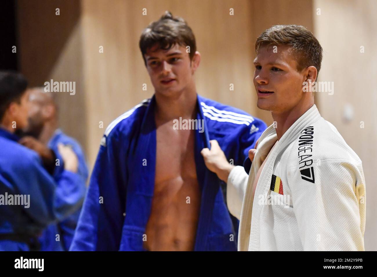 Belgische Matthias Casse (R), abgebildet während eines Trainings belgischer Judokas zur Vorbereitung der bevorstehenden Weltmeisterschaft am Mittwoch, den 14. August 2019 in Wilrijk, Antwerpen. Die Welten finden vom 25.. August bis 1.. September in Tokio statt. BELGA FOTO DIRK WAEM Stockfoto