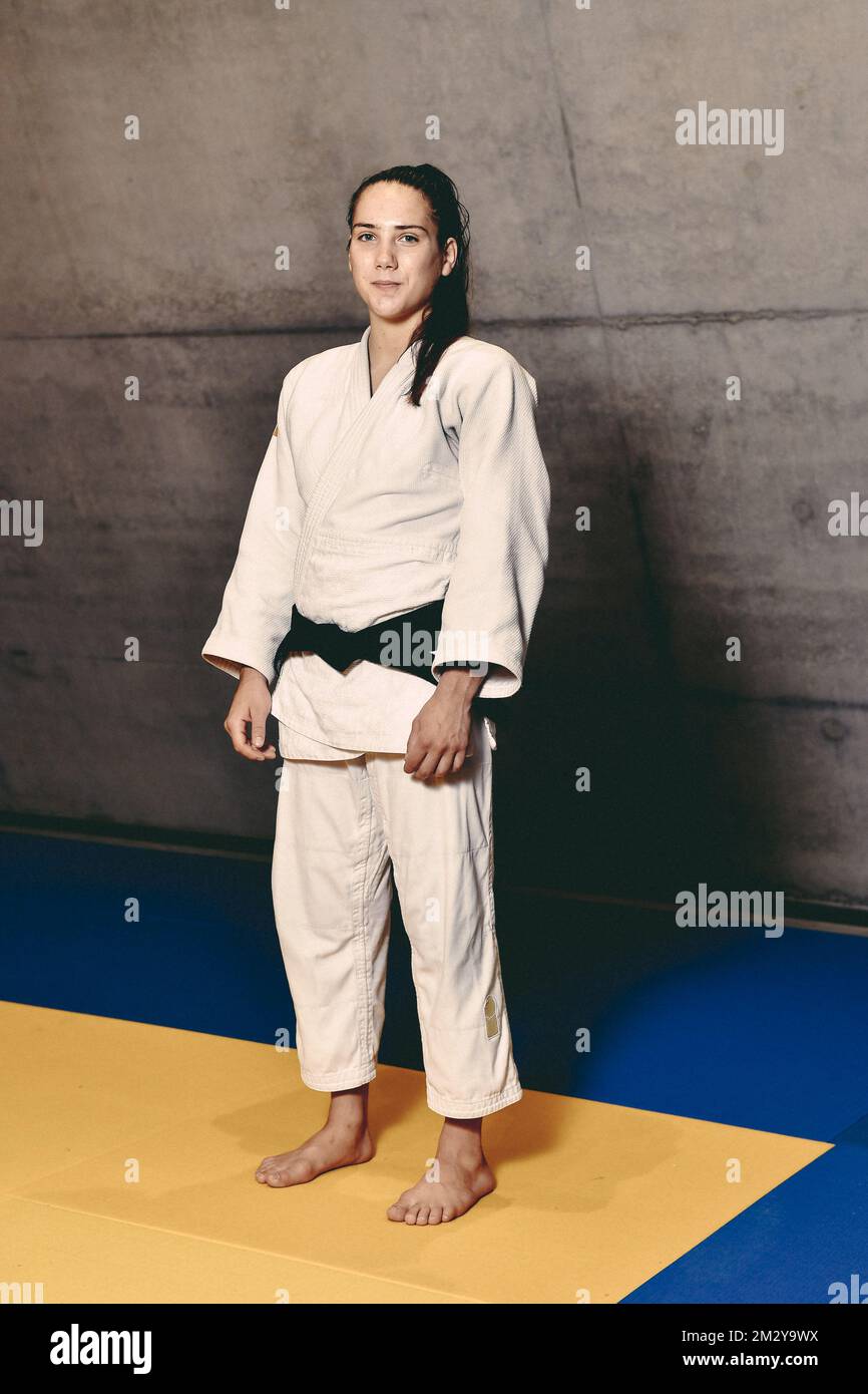 Amber Ryheul posiert für den Fotografen nach einem Training belgischer Judokas zur Vorbereitung der bevorstehenden Weltmeisterschaft am Mittwoch, den 14. August 2019 in Wilrijk, Antwerpen. Die Welten finden vom 25.. August bis 1.. September in Tokio statt. BELGA FOTO DIRK WAEM Stockfoto