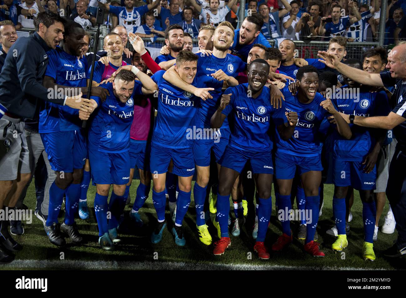 Gents Spieler feiern nach dem Spiel zwischen dem belgischen Fußballverein KAA Gent und der kroatischen Mannschaft HNK Rijeka, der Rückkehr der Play-offs für die UEFA Europa League am Donnerstag, den 29. August 2019 in Rijeka, Kroatien. Gent gewann die erste Etappe 2:1. BELGA FOTO JASPER JACOBS Stockfoto